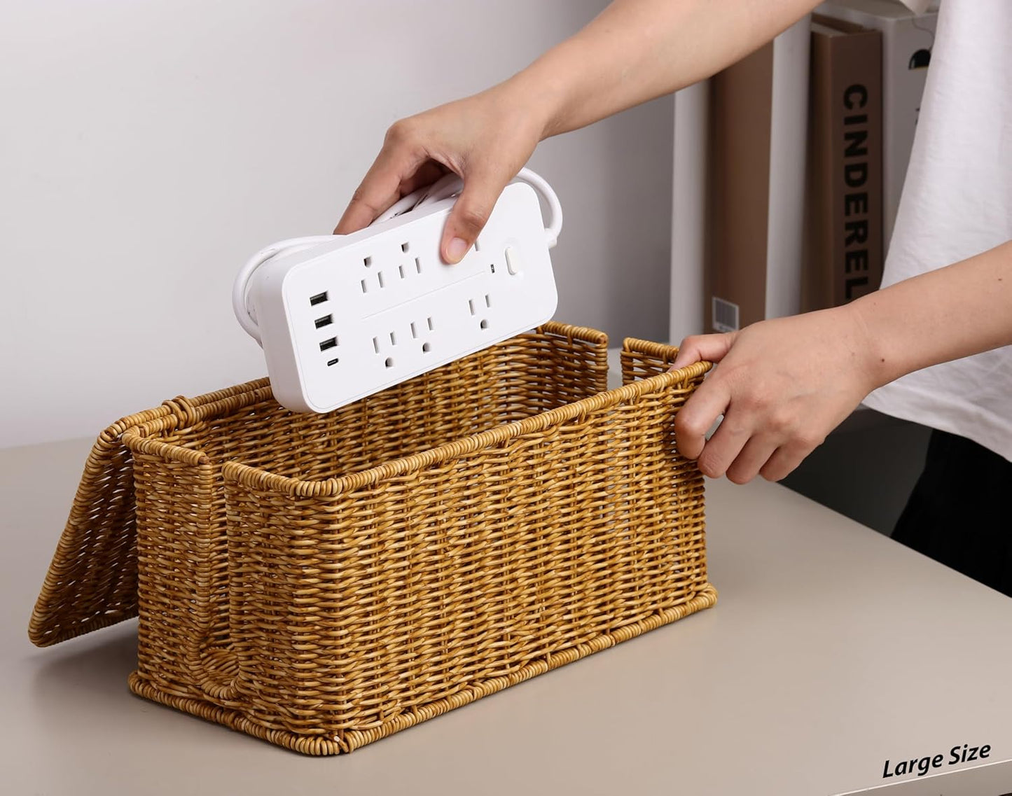 Large Cable Management Box, Handwoven Imitation Rattan Cord Organizer Cord Hider Box, Desk Cord Management Box to Hide Cords and Power Strips, 13.5" L x 6.2" W x 6" H, Natural