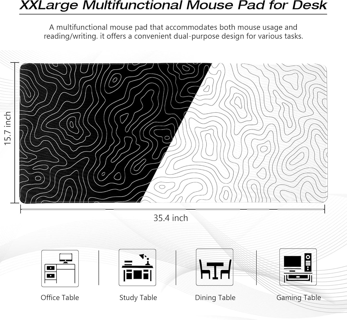 XVX Black and White Topographic Mousepad, XXLarge Gaming Mouse Pad for Desk 35.4x15.7 Inch,Waterproof Desk Pad with Non-Slip Rubber Base Mice Pad,Keyboard Mat Computer Game Mouse Mat