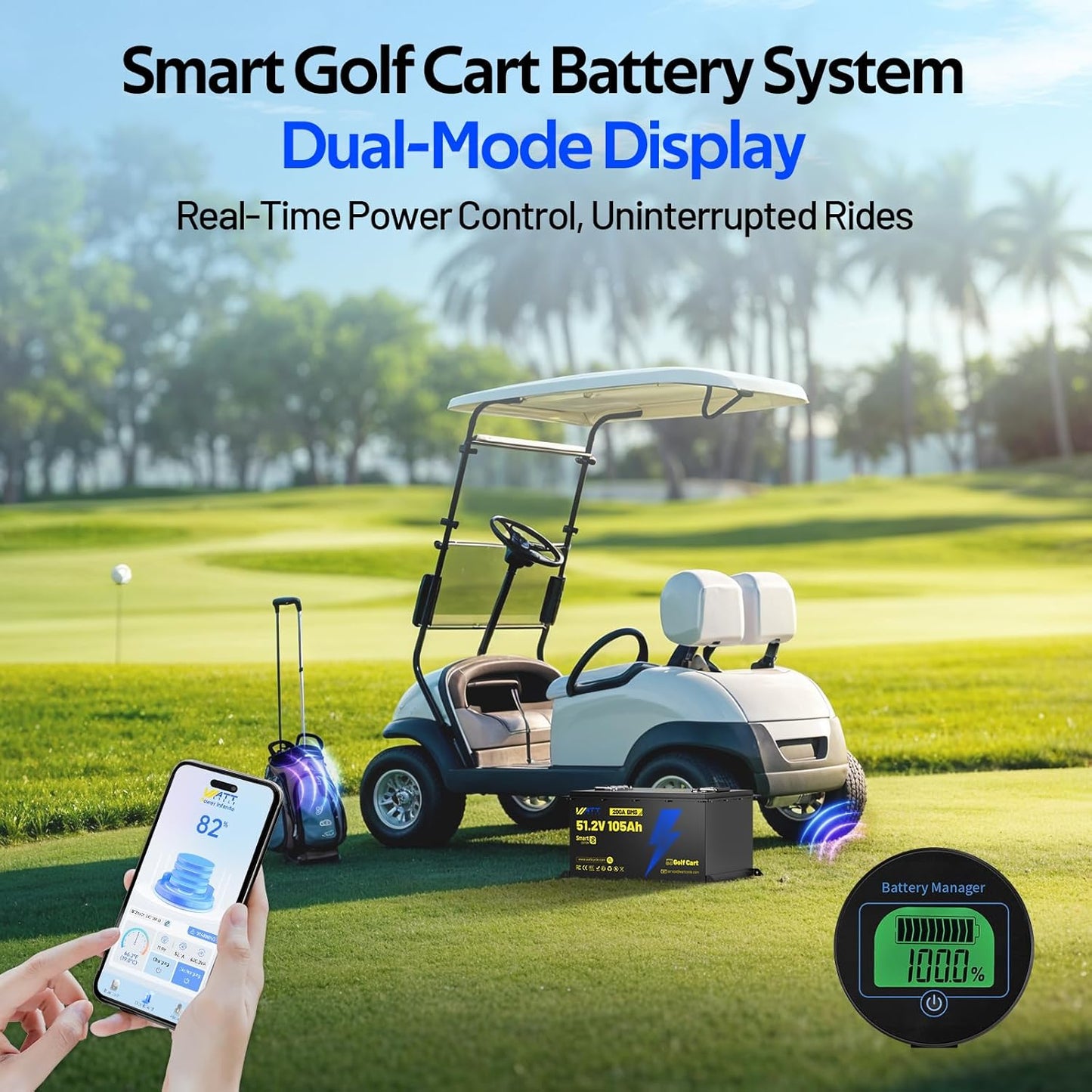 48V(51.2V) 105Ah LiFePO4 Lithium Golf Cart Battery with 48Volt 15A Charger Built-in 200A BMS & Bluetooth, Range of 70 Miles 600A Peak Current for Golf Cart Deep Cycles Batteries Kit