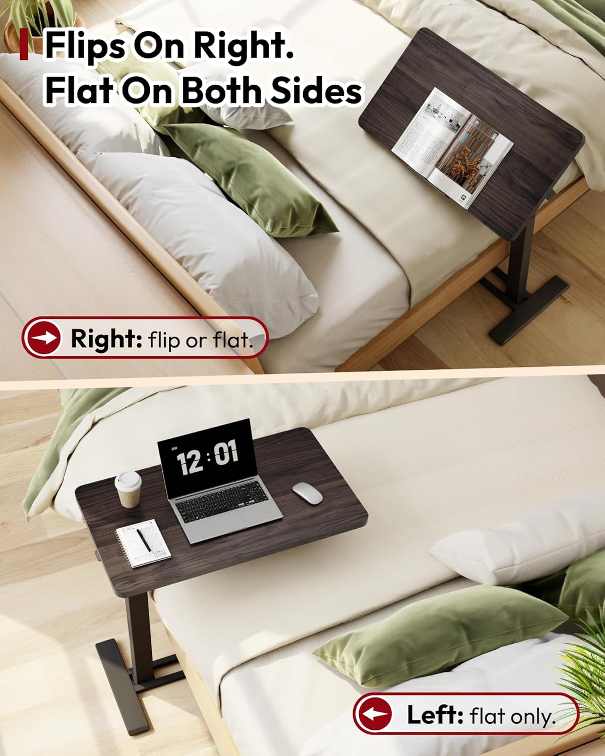 SANODESK Medical Adjustable Overbed Bedside Table with Casters 90° Tilt Top Pneumatic Mobile Rolling Laptop Computer Standing Desk Cart with Tray, Hospital and Home Use(27.6" W x 15.7" D,Rustic Brown)