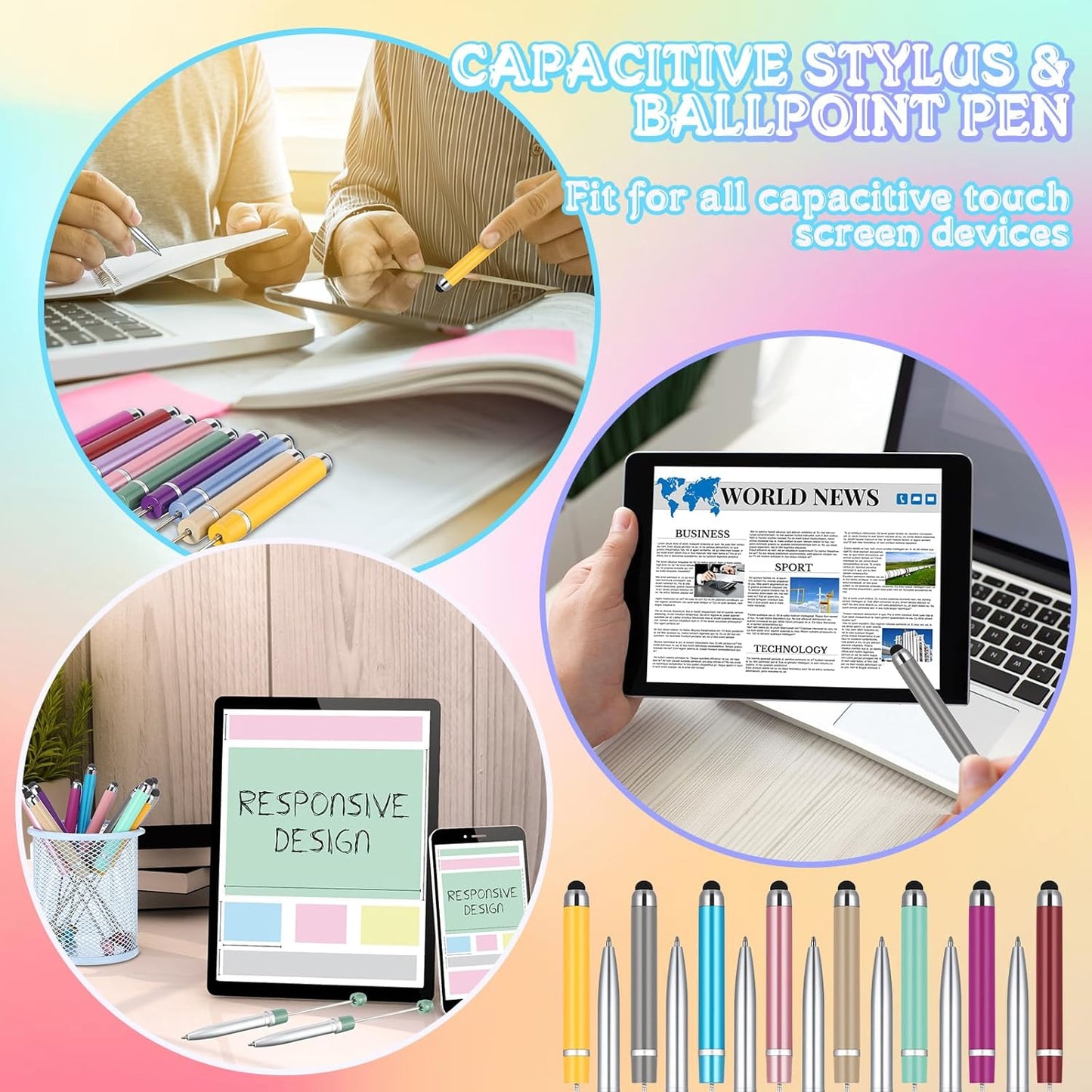 Qilery 30 Pcs Beaded Pens with Stylus Tips Plastic Beaded DIY Stylus 2-in-1 for Rubber Touch Screen Handwriting Ballpoint Pen 1.0mm, Black Ink, Office Supplies(Rainbow)