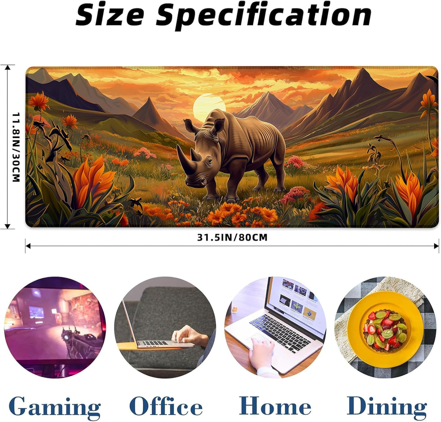 Rhino Gaming Mouse Pad, Sunset Floral and Wildlife Mousepads for Gaming Home Office Work, Extended Mats Computer Keyboard Laptop, 31.5×11.8 Inch Large Desk Mat with Non-Slip Rubber Base