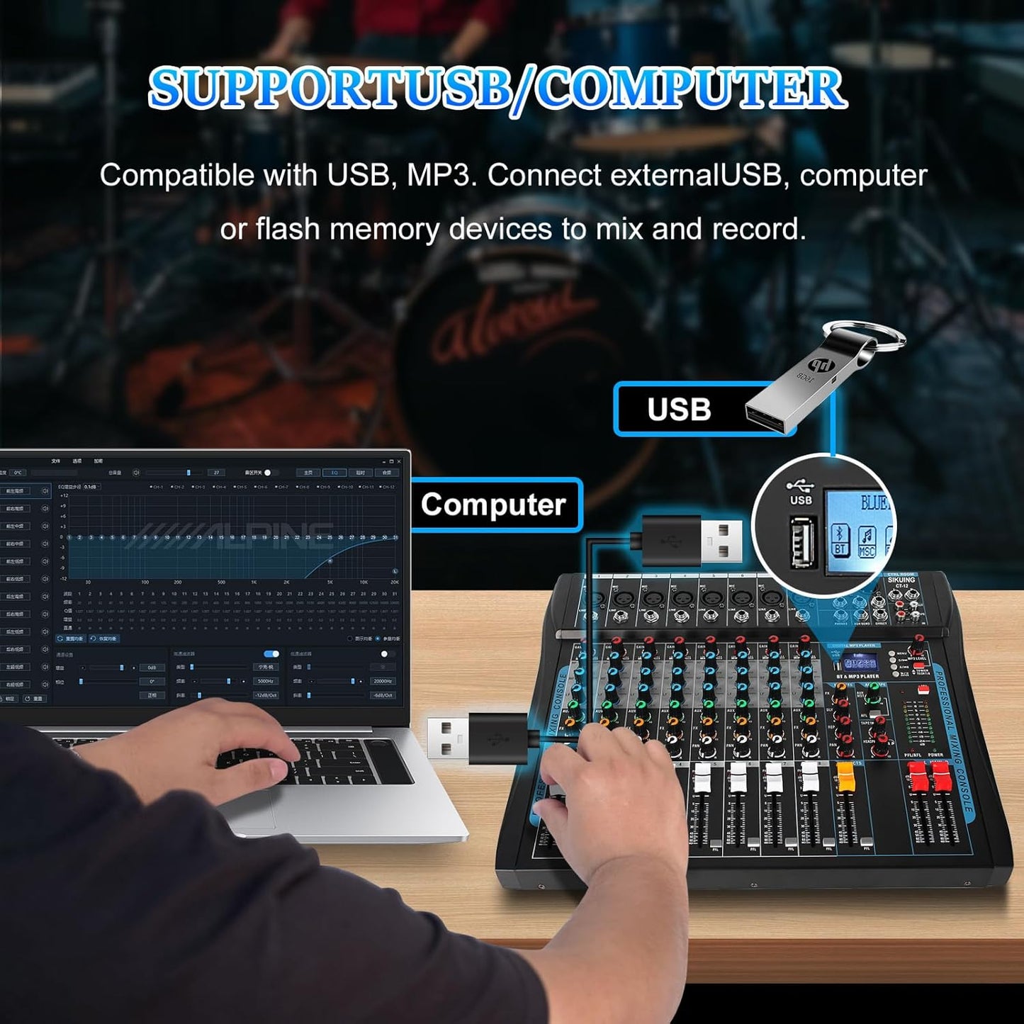 8 Channel Audio Mixer Sound Board Mixer 16 DSP Effect Audio Interfacer w/USB Drive for Computer Recording, 48V Power, XLR Microphone Jack DJ Mixer for Karaoke Studio Streaming Recording