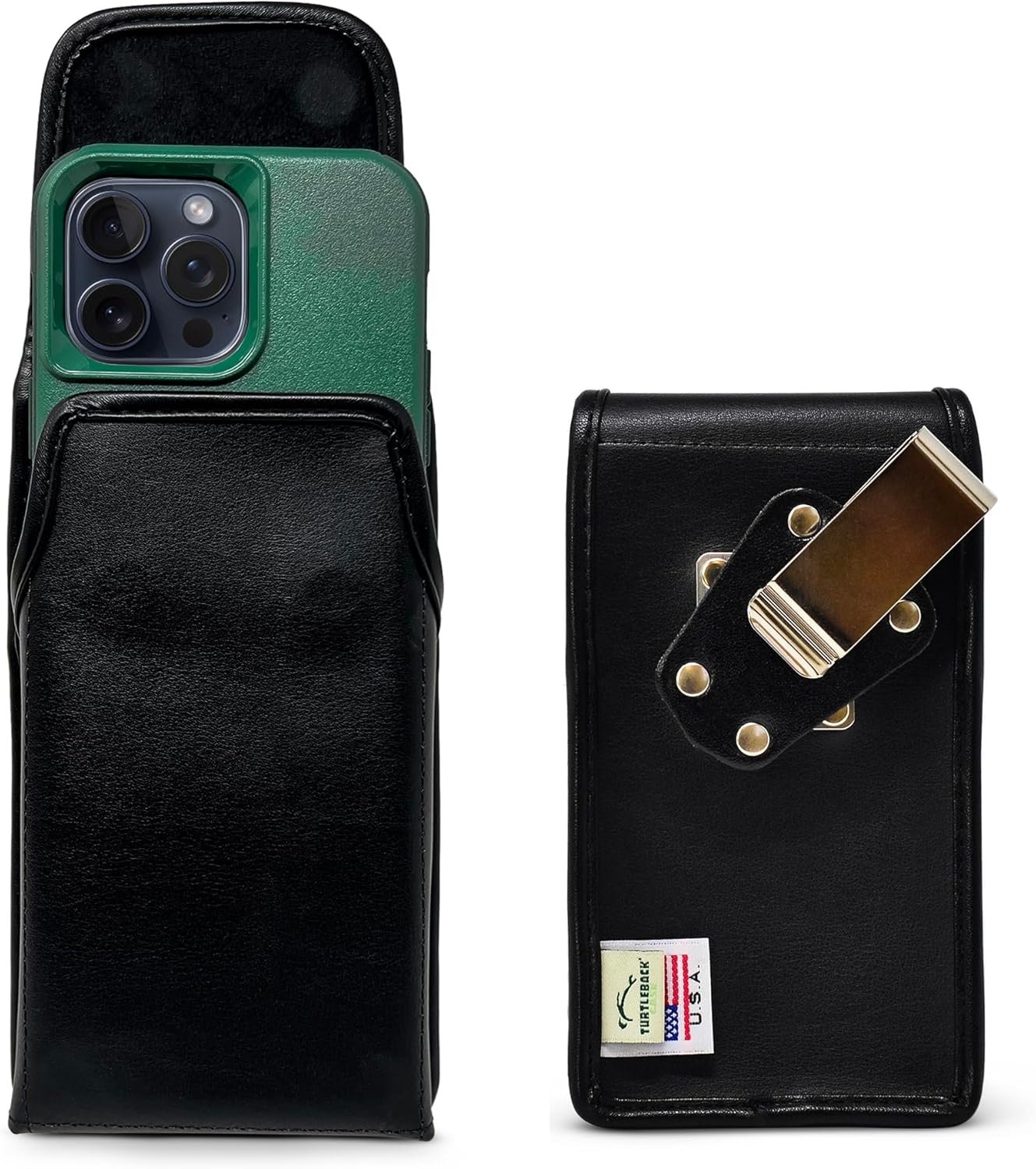 Turtleback Belt Clip for iPhone 16 Pro Max, 15 Pro Max, 14 Pro Max -Medium- Fits w/Shockproof Commuter Style Cases, Premium Black Leather Vertical Belt Holder, Magnetic Closure HD Rotating Clip