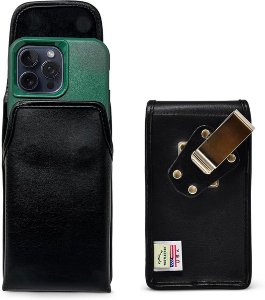 Turtleback Belt Clip for iPhone 16 Pro Max, 15 Pro Max, 14 Pro Max -Medium- Fits w/Shockproof Commuter Style Cases, Premium Black Leather Vertical Belt Holder, Magnetic Closure HD Rotating Clip