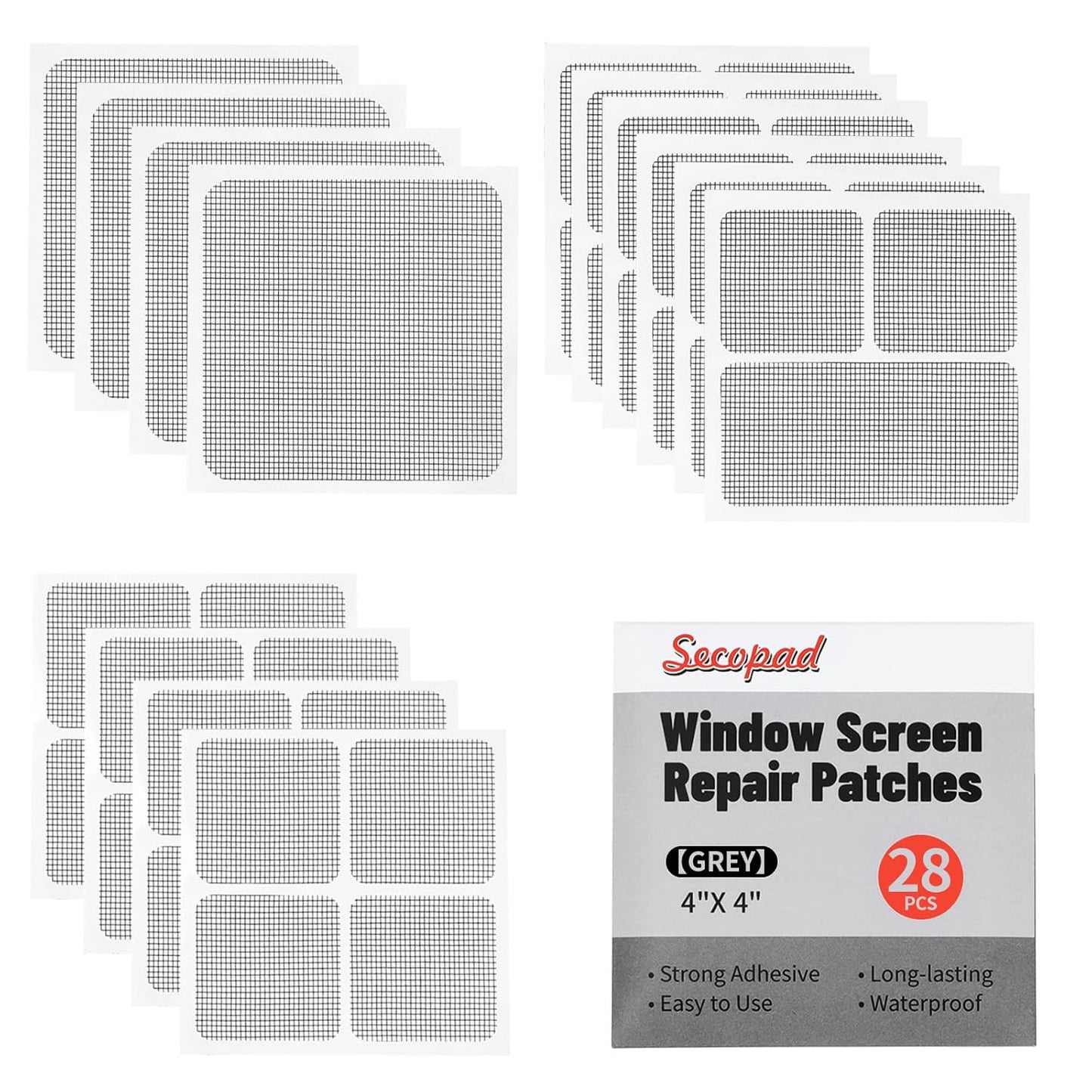 28 Sheets Window Screen Patches Repair Kit, Grey/Black 3 Sizes Window Screen Repair Kit for Mesh Screen Door, Strong Adhesive Fiberglass Quick Screen Repair Tape