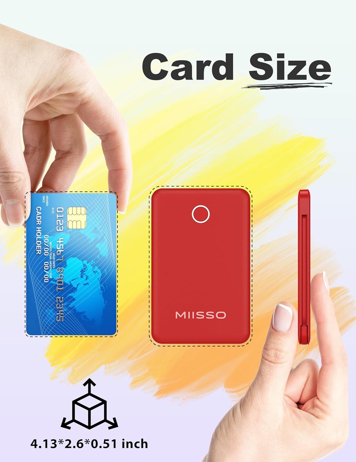 6000mah Ultra Slim Built in Cables Power Bank, Card Size Built in USB C Cords Battery Pack Portable Charger for Phones, 3 Output External Battery Pack Compatible with iPhone, Samsung, Google, Red