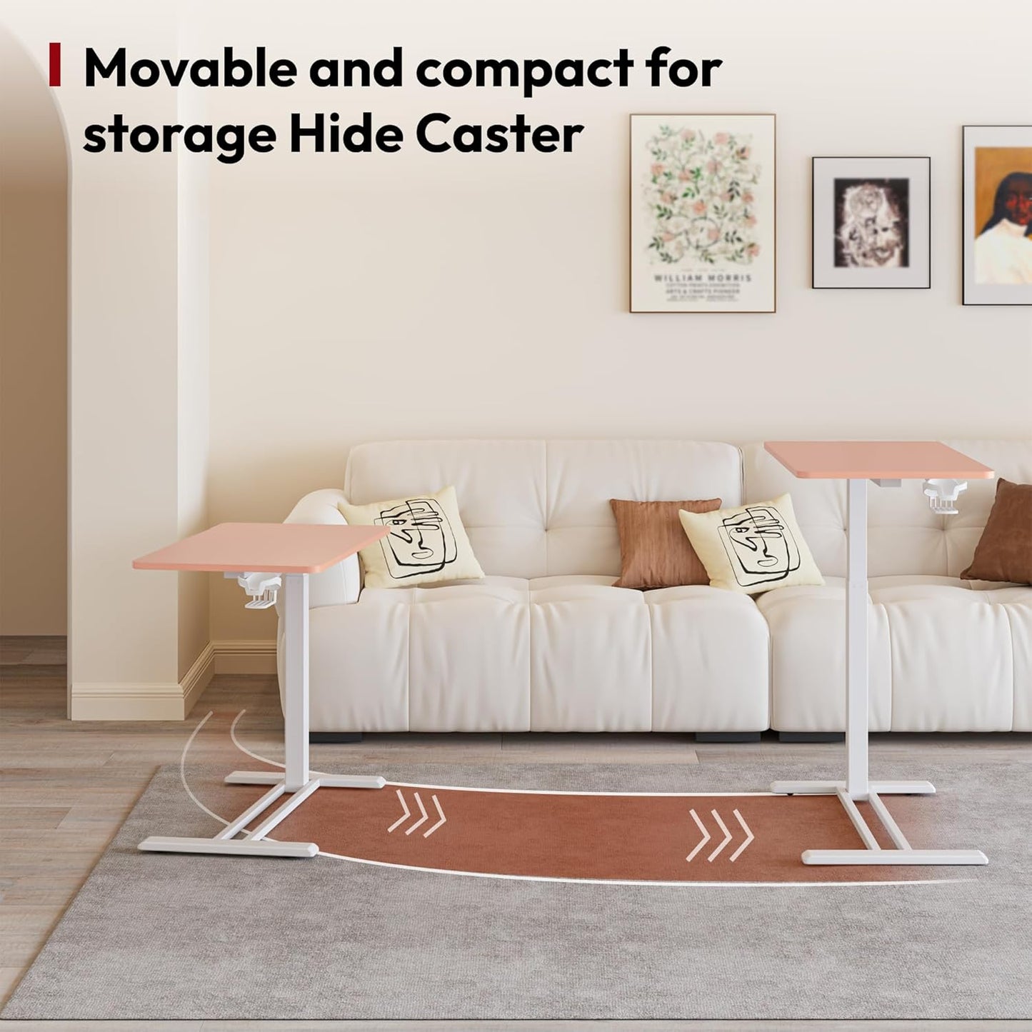 SANODESK Medical Adjustable Overbed Bedside Table with Hidden Casters, Pneumatic Mobile Laptop Computer Standing Desk Cart with Tray, Hospital and Home Use(31.5" W x 17.7" D, Pink)