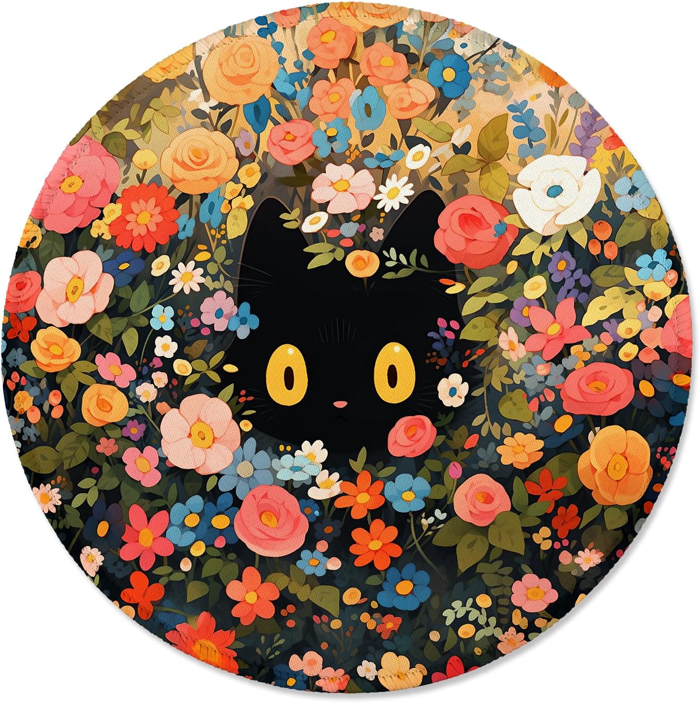 ITNRSIIET Round Mouse Pad with Stitched Edge Premium-Textured Waterproof Non-Slip Rubber Base Desktop Protection Mat Diameter 8.7 inches, Flower Cat