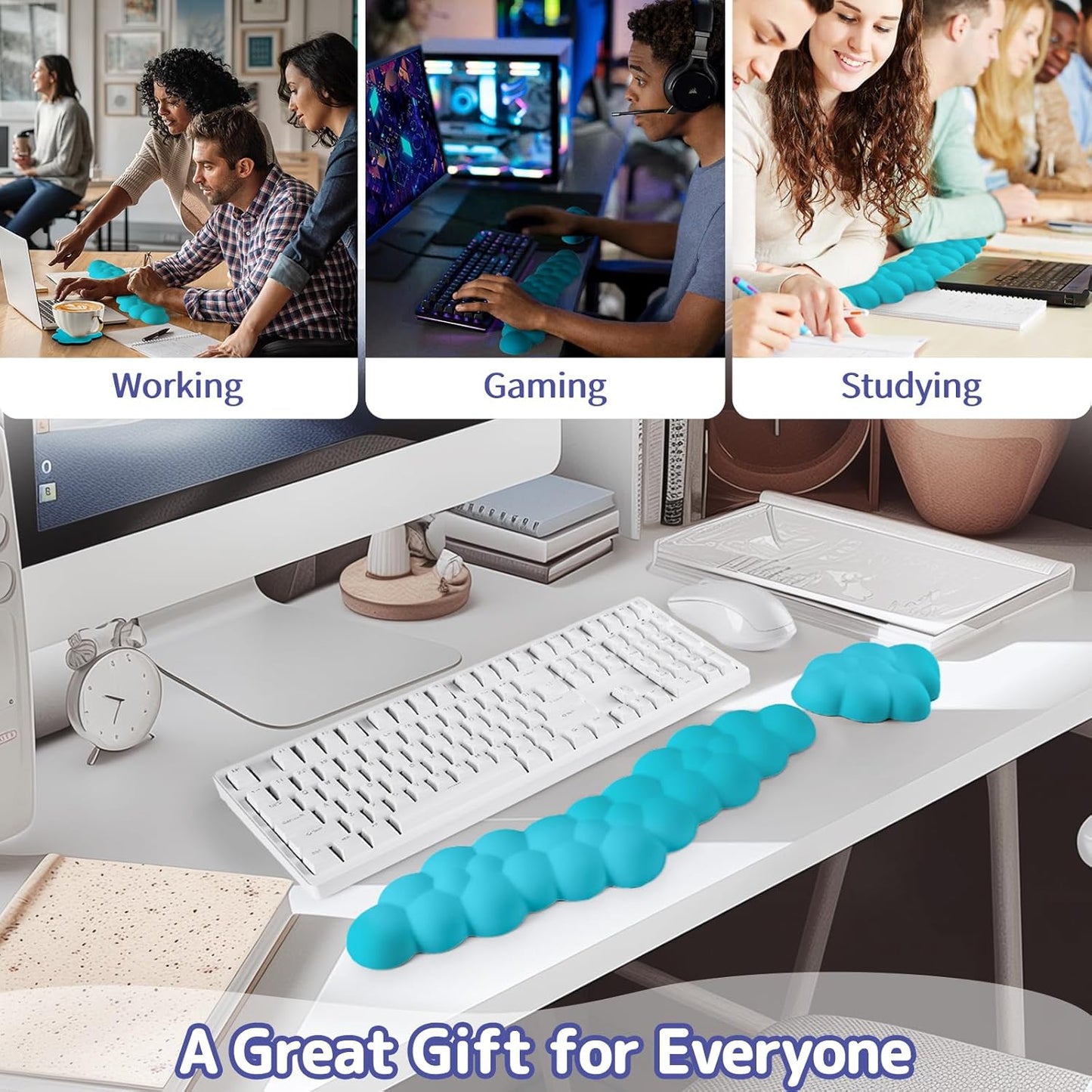 Cloud Wrist Rest for Keyboard and Mouse, Memory Foam PU Leather Keyboard Wrist Rest with Ergonomic Support, Non-Slip Base, Cute Arm Rest Pad & Palm Cushion, Office Desk Accessory, Scuba Blue