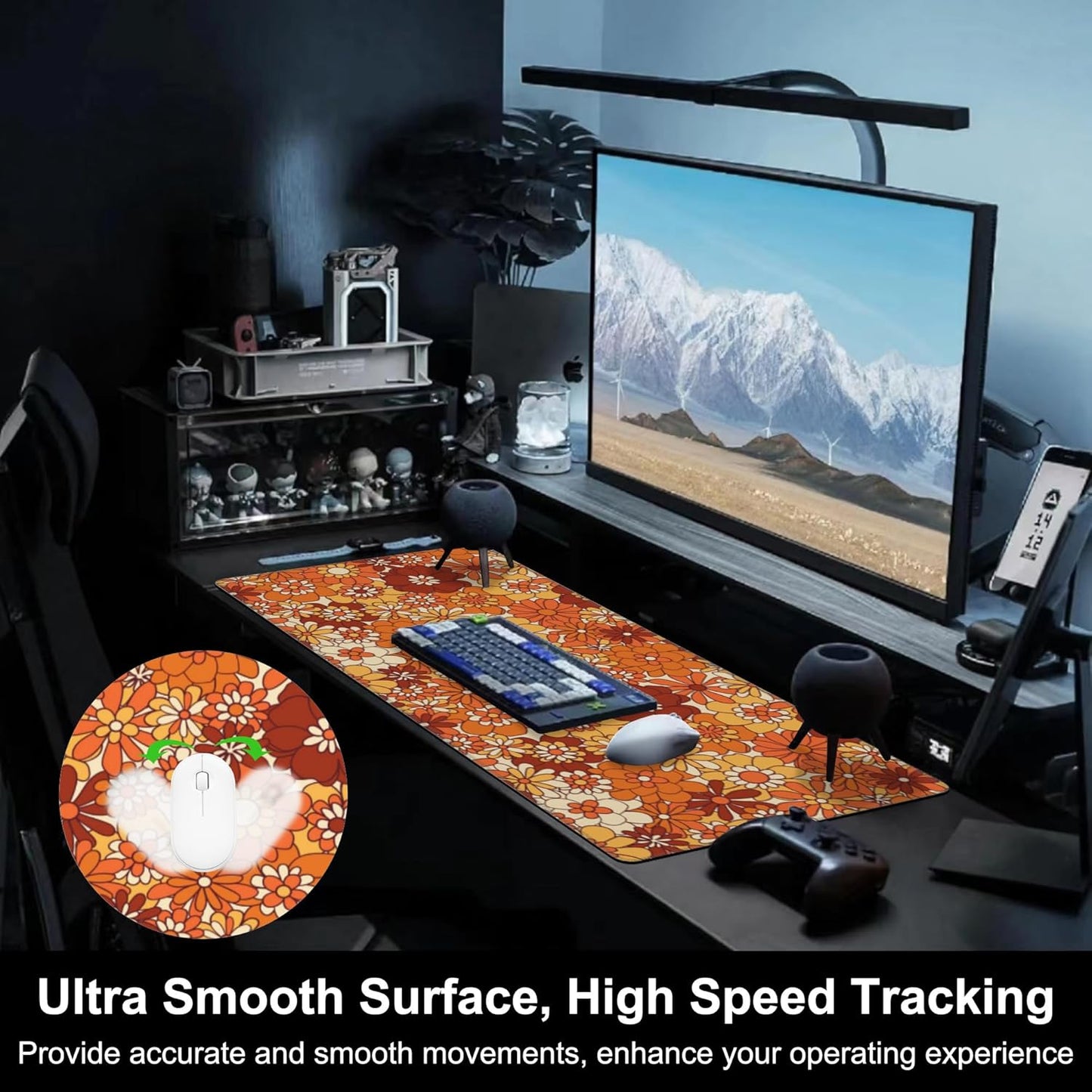 Mouse Pad, Large Retro Boho Hippie Flower Desk Mat, Extended Non-Slip Gaming Keyboard Mousepad Desk Pad, Thick Stitched Edges Waterproof Mouse Mat 31.5"x15.7" (Vintage Groovy Floral)