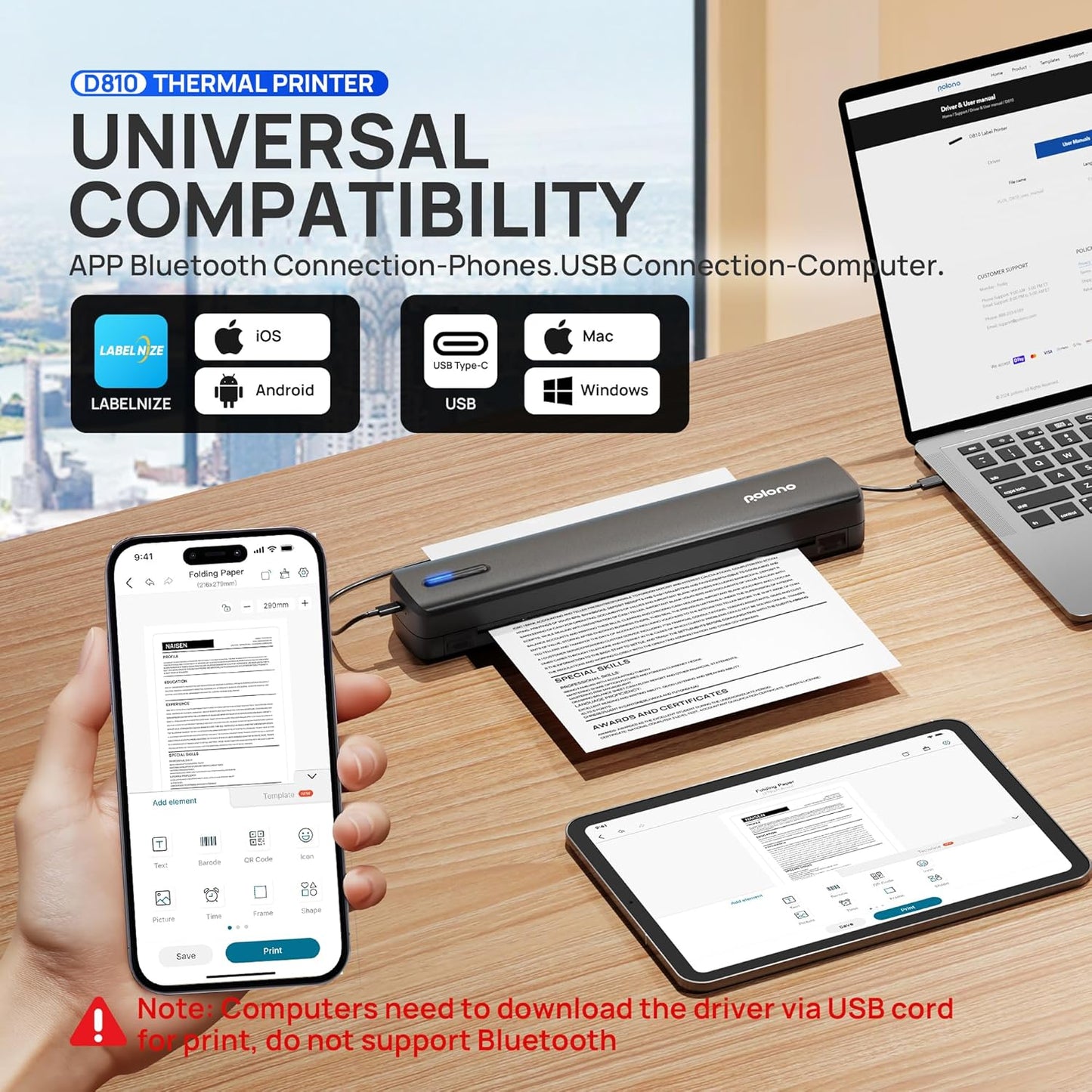 POLONO Portable Printer, D810 Inkless Bluetooth Thermal Printer Wireless for Travel, Compatible with iOS, Android, Laptop, Supports 8.5"x11" US Letter for Office, Car, Home, Black, 1 Pack