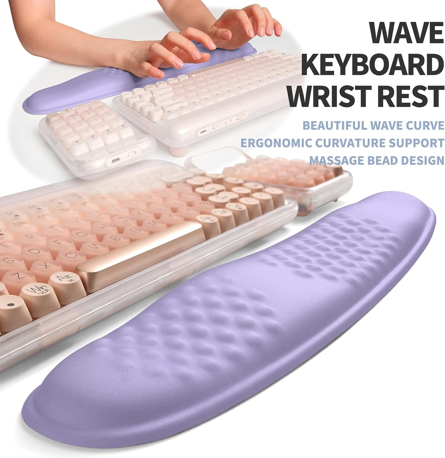 2-in-1 Ergonomic Set, Wave Keyboard Wrist Rest and Massage Slope Mouse Pad Wrist Support, Rebound Memory Foam for Relieve Carpal Tunnel Syndrome and Wrist Pain (Lavender Purple)