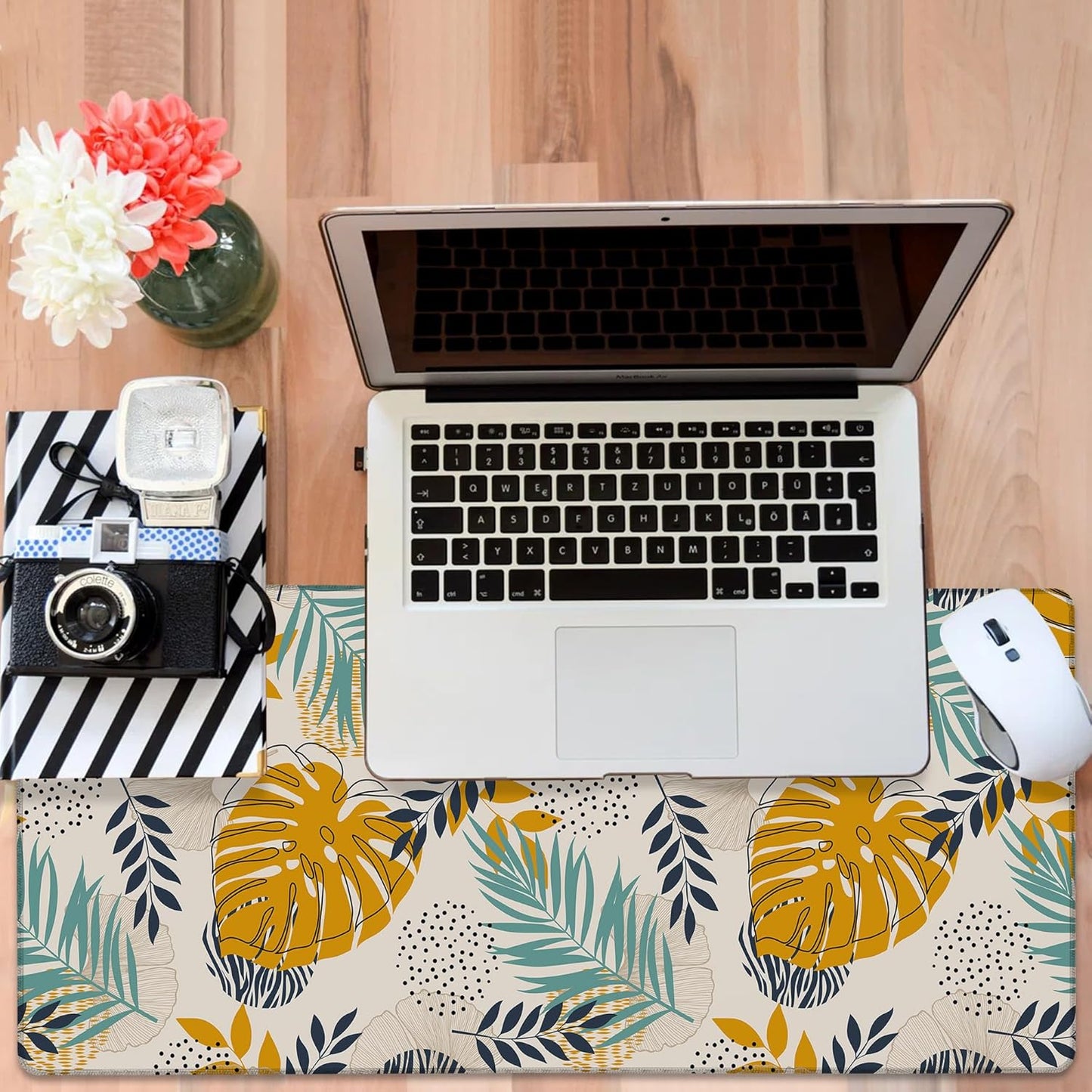 Large Mouse Pad Palm Leaves Gaming Desk Pad Computer Keyboard Non-Slip Waterproof Mouse Mat with Rubber Base and Stitched Edges Entertainment Office Writing Desk Mat 35.4 x 15.7 Inches