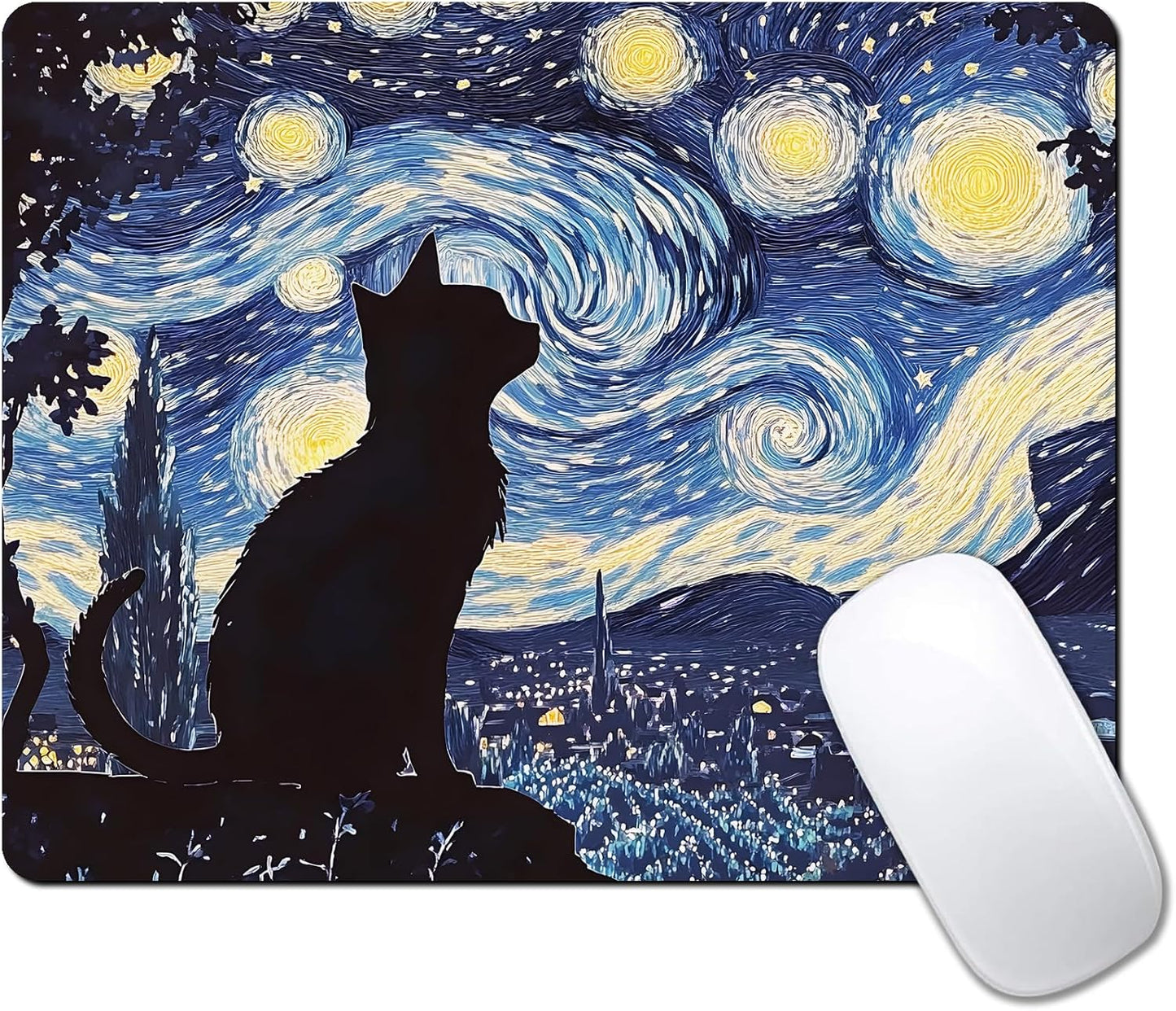 Starry Night Black Cat Custom Mouse Pad with Non-Slip Rubber, Small Square Design for Wireless Laptop & Computer Mouse Pads for Desk, 9.5 x 7.9 inch Smooth Surface for Gaming & Office