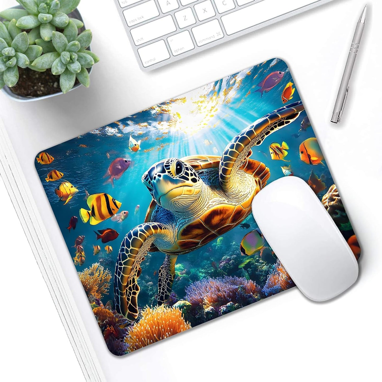 Mouse Pad, Cute Ocean Colorful Turtle Mouse Pads for Desk, 9.5" x 7.9" Non-Slip Rubber Base Computer Mousepad with Women, Portable Square Design for Wireless Mouse and Pad Laptop Office & Travel