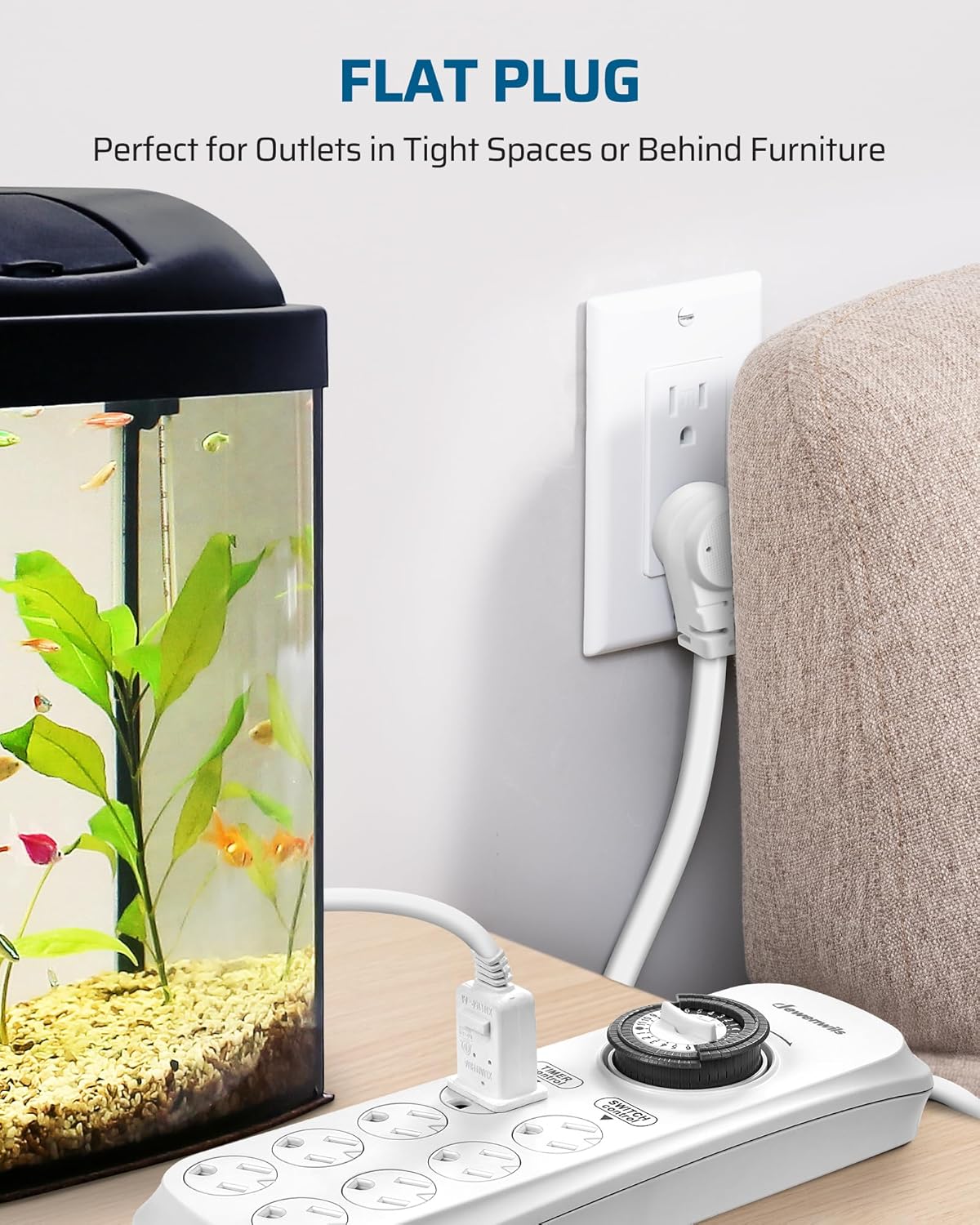 DEWENWILS Mechanical Timer Power Strip with 8 Outlets, Flat Plug, 6ft Long Cord, Overload Protection, Indoor Timer for, Bearded Dragon Tanks, Aquarium, Grow Lights, Plants, Reptile Light, UL Listed