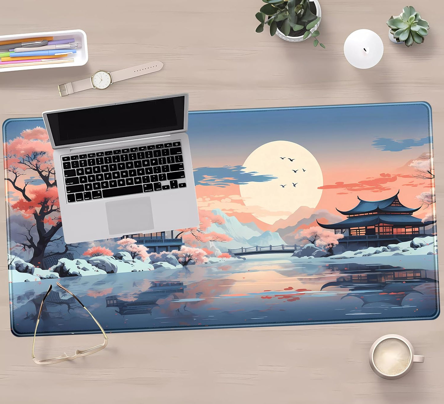 Kawaii Desk Mat Japan Desk Pad Extra Large Gaming Mouse Pad XXL, Computer Laptop Keyboard Pad Gamer Desk Setup, Pink and Blue Mouse Mats with Stitched Edges, Vintage Office Decor 31.5" x 15.7"