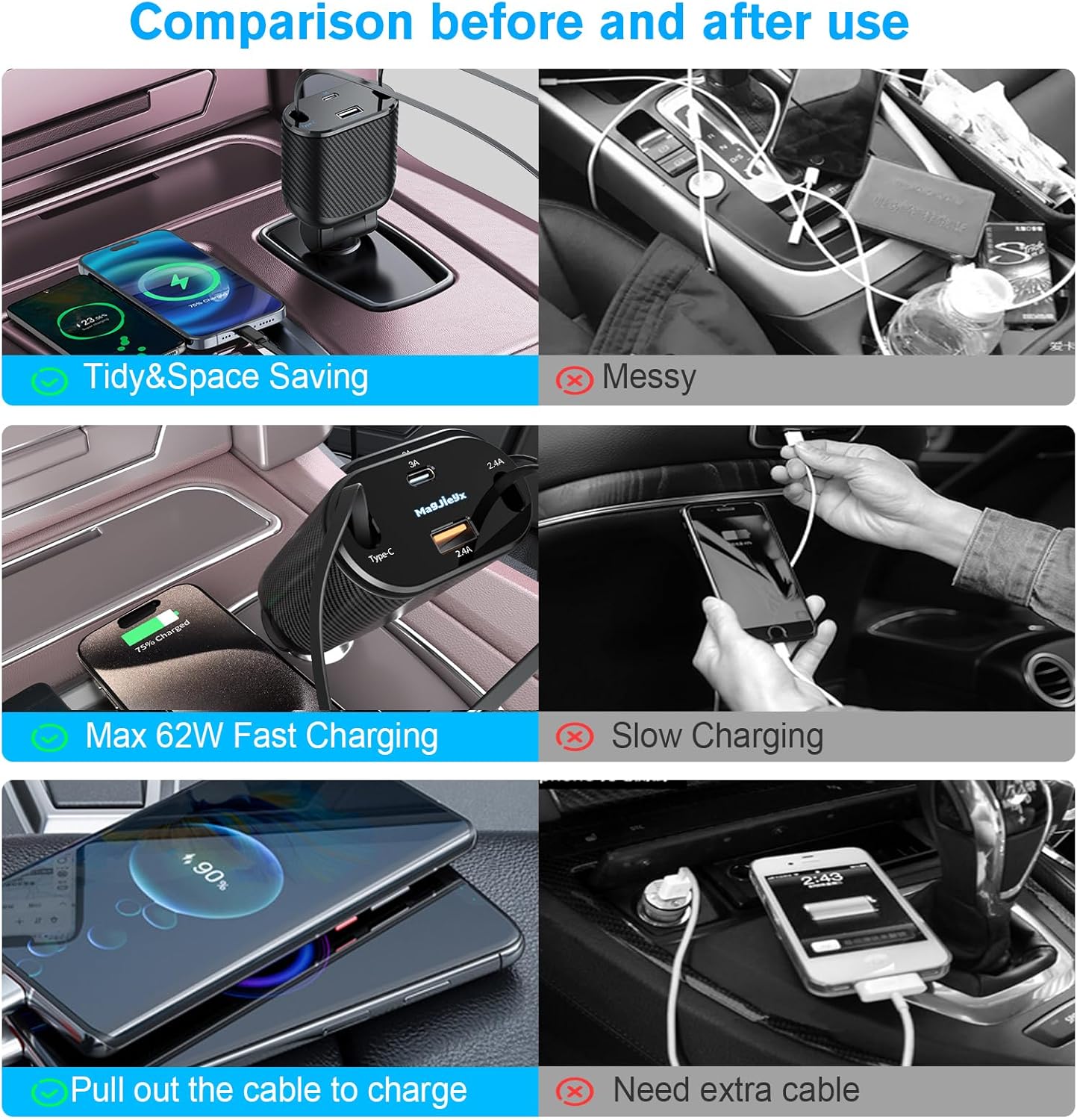 Retractable Car Charger 4 in 1 Fast Charging Adapter Magjieyx 62W Retractable Type-C/USB-i Cables and USB C/USB A QC & PD Devices for iPhone 16/15/14/13/12Pro Max Plus,iPad,AirPods, Galaxy