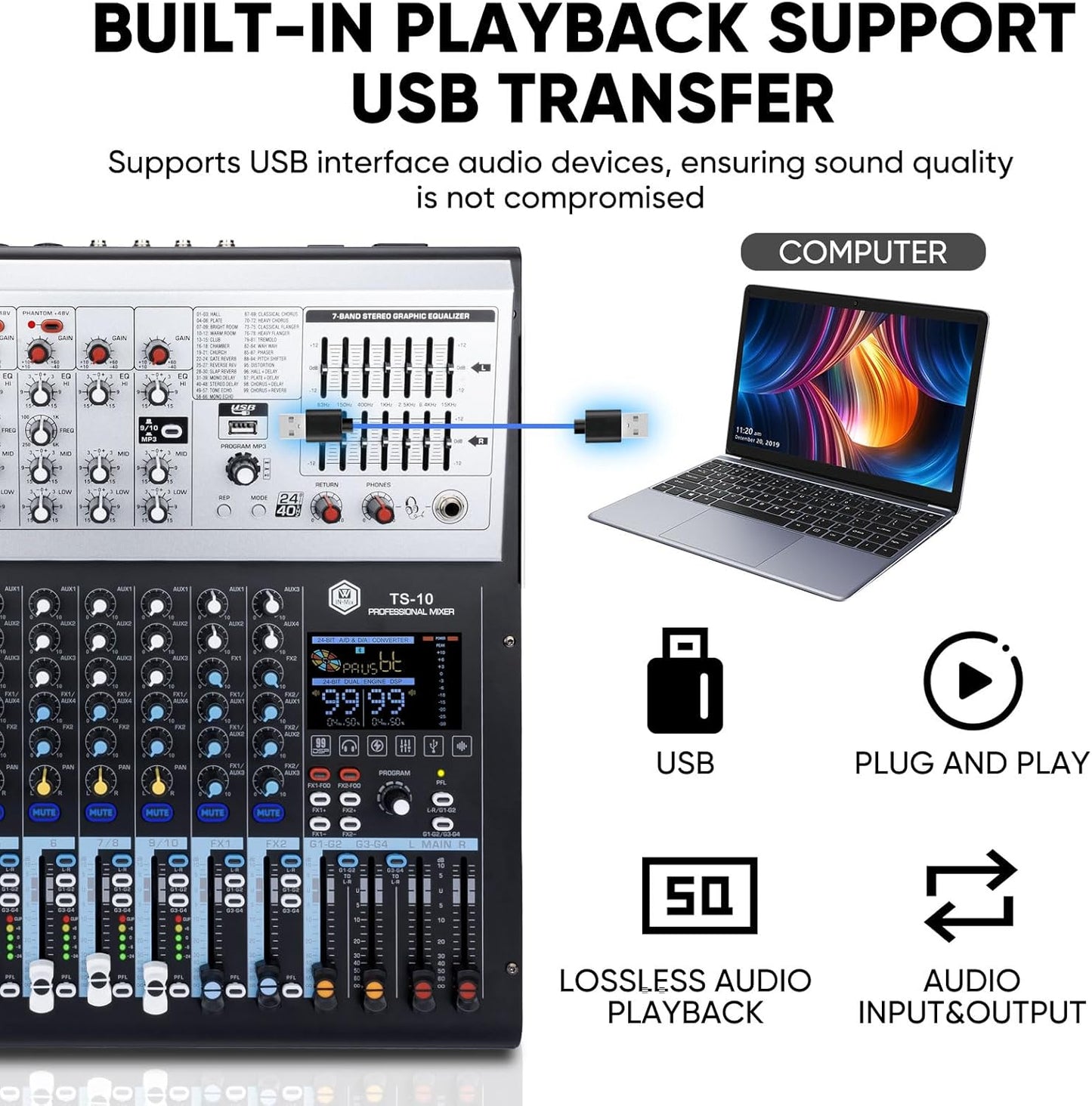 W IN-MIX Professional DJ Audio Mixer,10 Channel with 99DSP Digital Effects, MP3 Player, 48V Phantom Power with Independent Mute Switches Audio Console For Studio & Stage