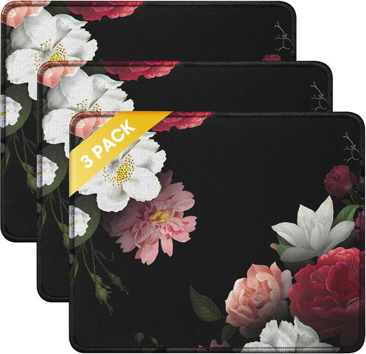 JIKIOU 3 Pack Mouse Pad with Stitched Edge, Comfortable Mouse Pads with Non-Slip Rubber Base, Washable Mousepads Bulk with Lycra Cloth, Mouse Pads for Computers Laptop Mouse 10.2x8.3x0.12inch Peony
