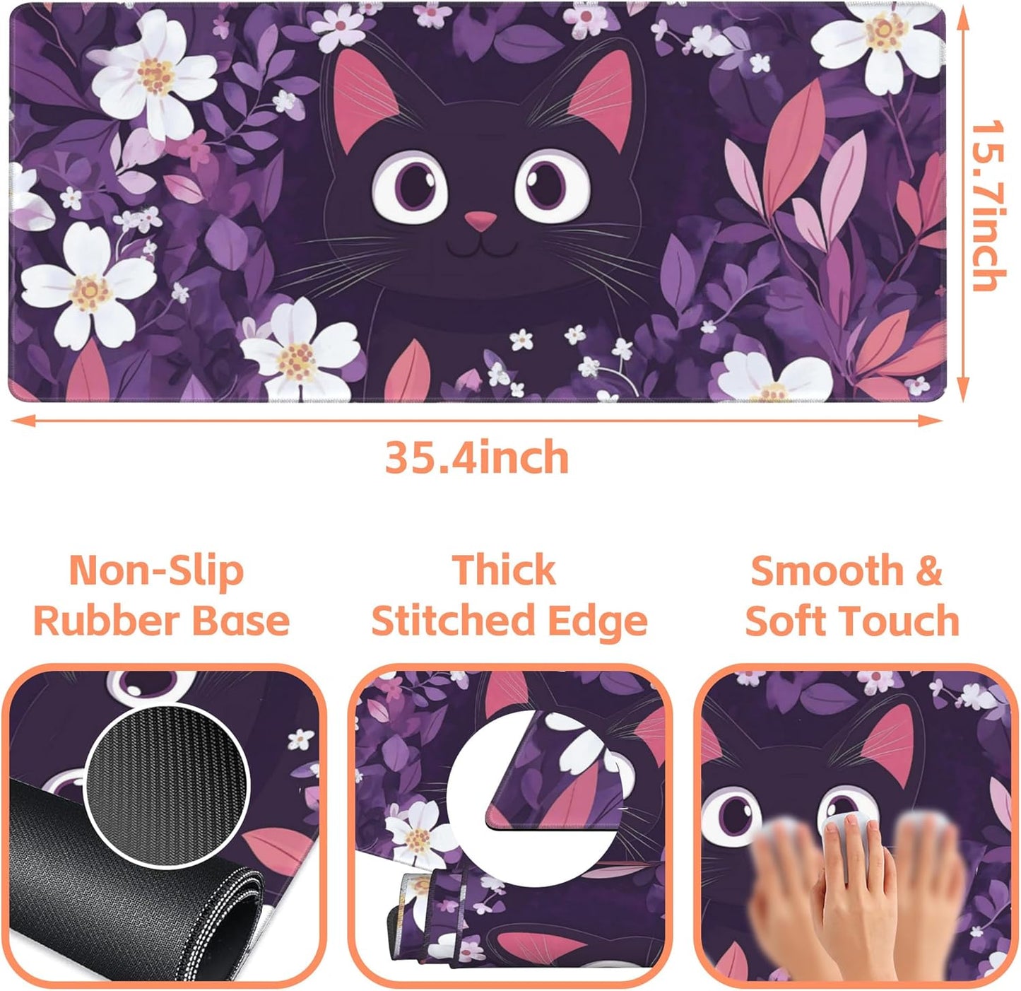 Mouse Pad Large Cat Hiding in The Floral Non-Slip Game Desk Mat with Stitched Edge Laptop Keyboard Desk Pad for Work Home Gaming (35.4 x 15.7 Inches)