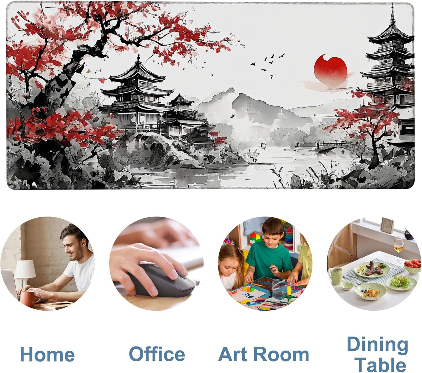 Oriental Painting Gaming Mouse Pad 3mm Thick Stitched Edge Waterproof Non-Slip Large Computer Keyboard Mouse Mat,Suitable for Office Entertainment Decorative Desk Pad 35.4 x 15.7 Inches