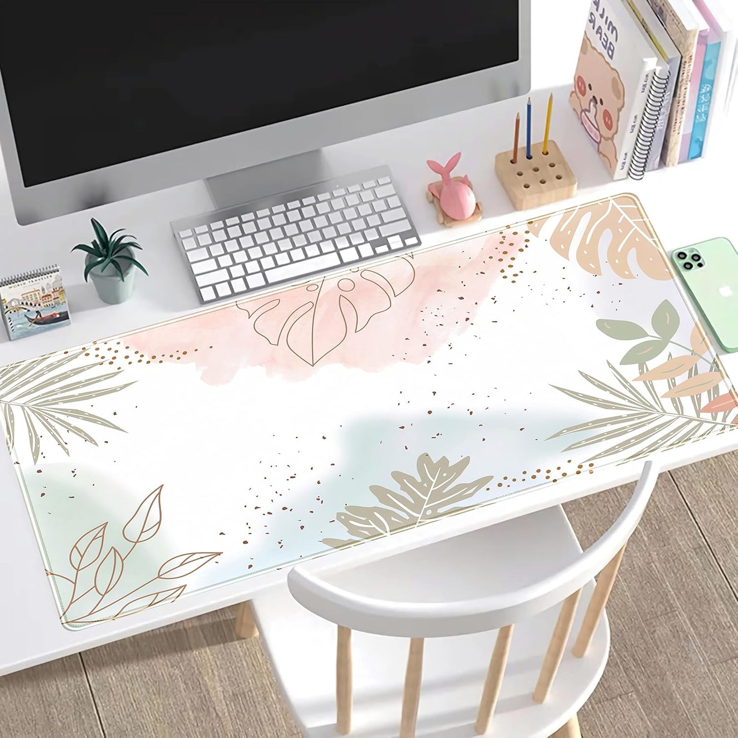 Keyboard mat Boho Pastel Painting Mousepad Matcha Green Plant Abstract Accessories Desk pad Mouse mat Desk mat for Desktop Gamer Girl Office Accessories for Women Large Desk mats, 31.5 x 15.75 in