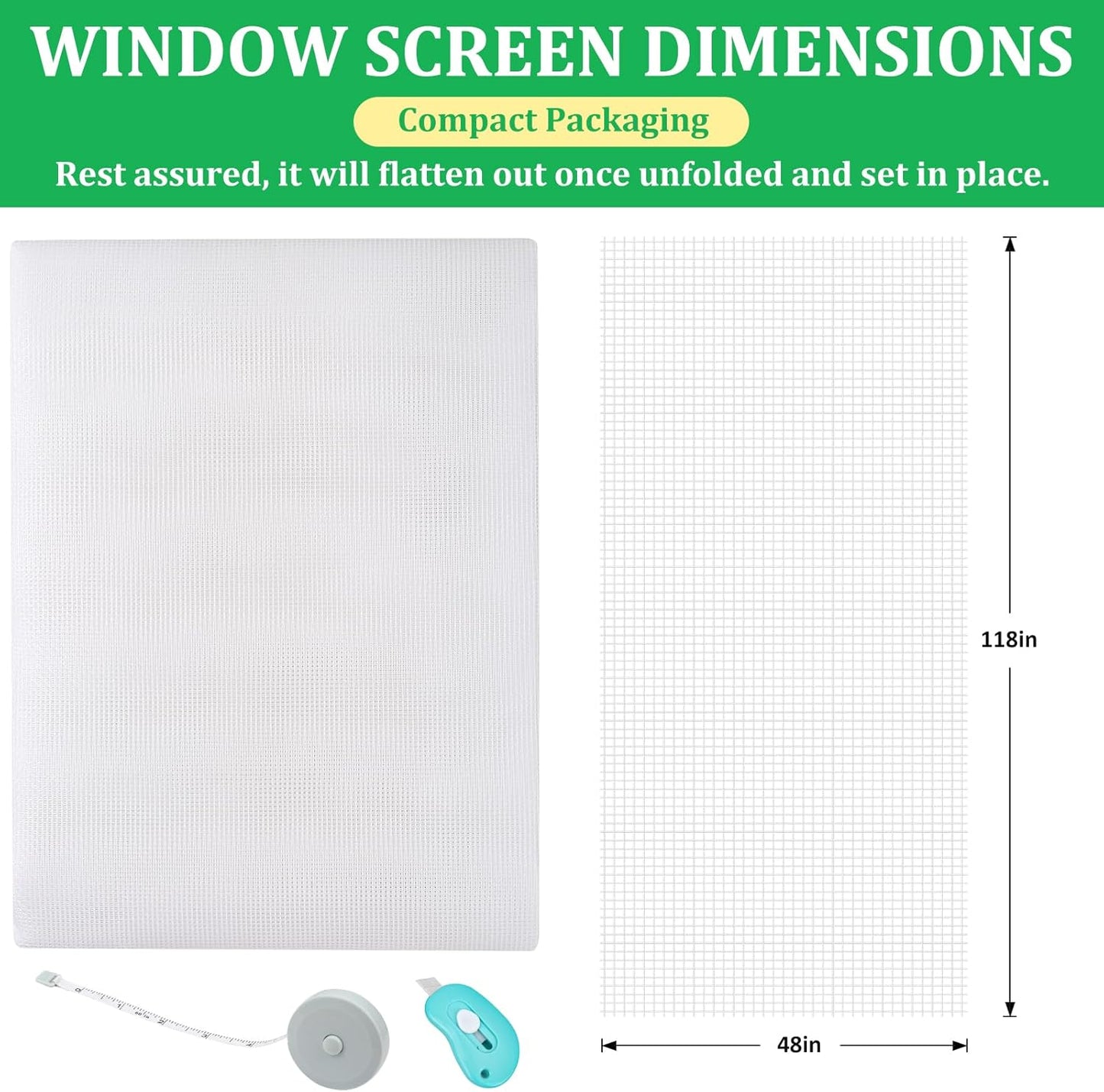 Windows Screen Replacement and Screen Door Repair Kit, 6Pcs Window Screen Fiberglass Mesh Kit - Window Screen & Screen Door Mesh & Screen Porch Repair Kit (White, 48" x 118")