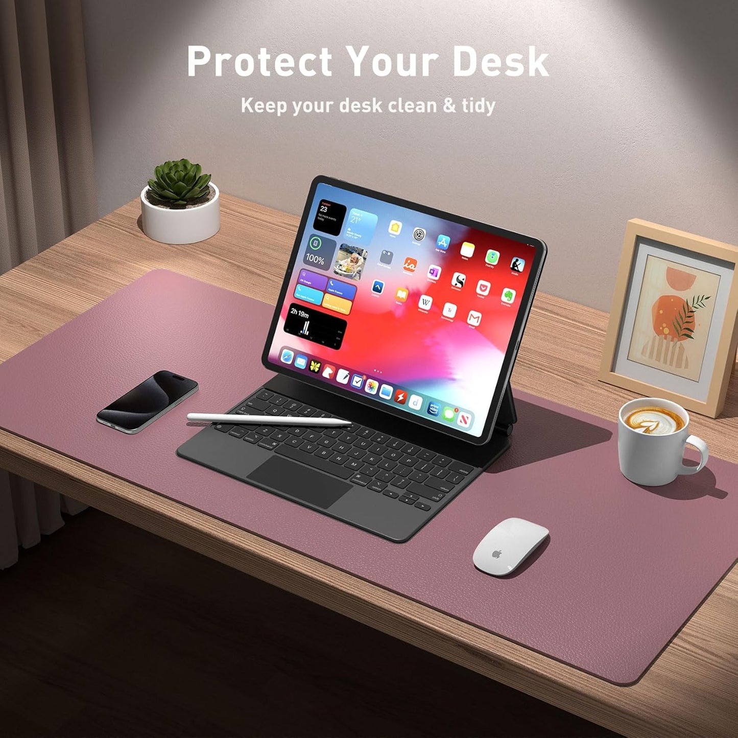 Aothia Leather Office Desk Mouse Pad Protector, Non-Slip PU Leather Laptop Desk Blotter/Mat, Waterproof Writing Pad for Office and Home, Dark Pink, 23.6" x 13.7"