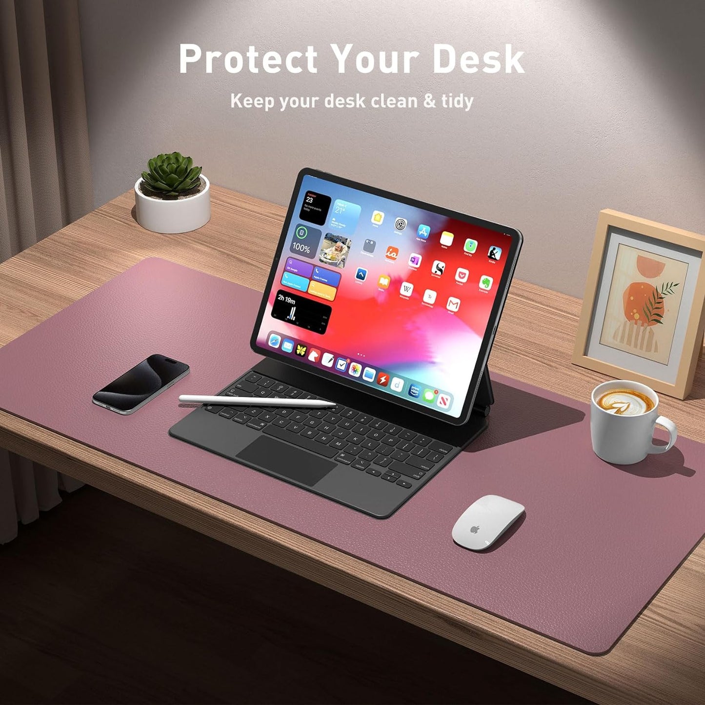 Aothia Leather Desk Pad Protector, Mouse Pad, Office Desk Mat, Non-Slip PU Leather Desk Blotter, Laptop Desk Pad, Waterproof Desk Writing Pad for Office and Home (Dark Pink,36" x 17")