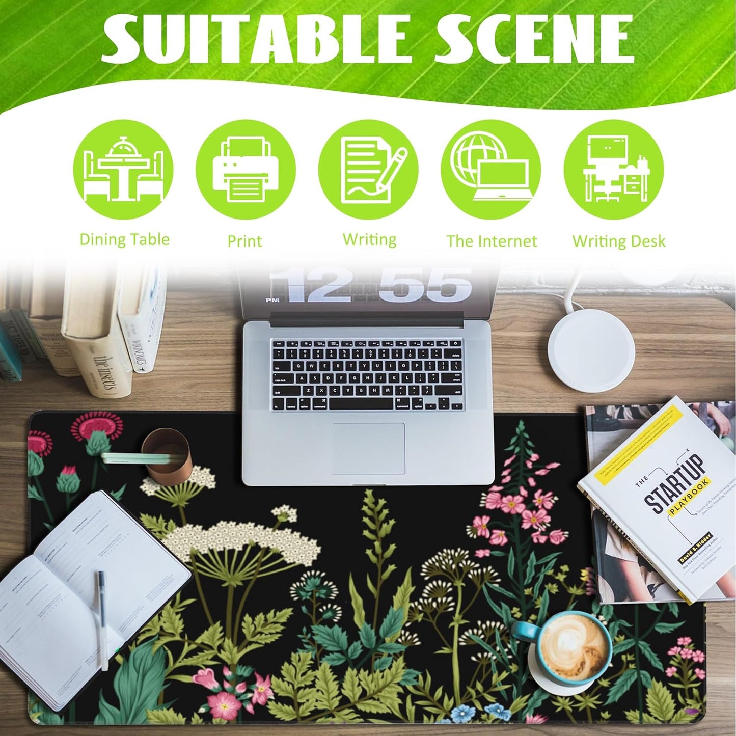 Large Gaming Mouse Pad for Desk,Wildflowers Night Desk Mat,Wild Floral Flower Desk Pad,Extended Big Computer Keyboard Mouse Pad with Non-Slip Base and Stitched Edge,35.4"x15.7"