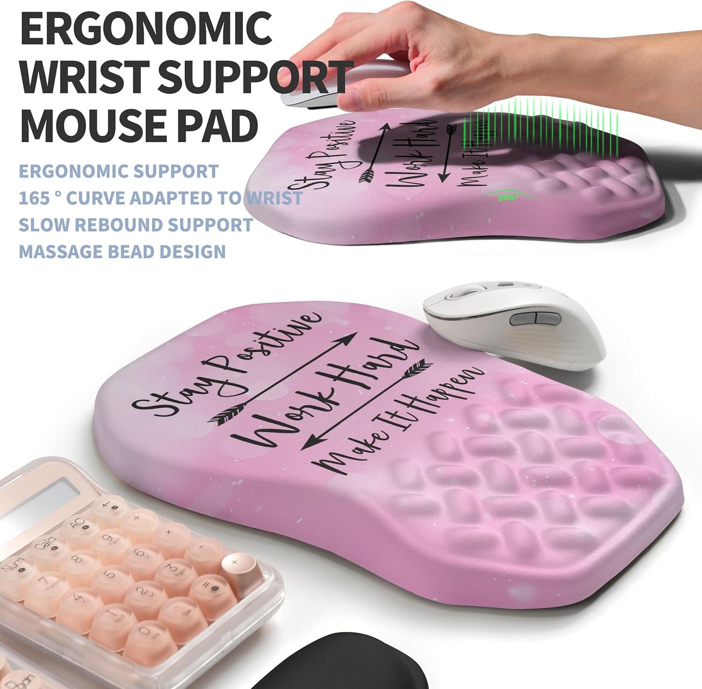 2-in-1 Ergonomic Set, Wave Keyboard Wrist Rest and Massage Slope Mouse Pad Wrist Support, Rebound Memory Foam for Relieve Carpal Tunnel Syndrome and Wrist Pain (Stay Positive)
