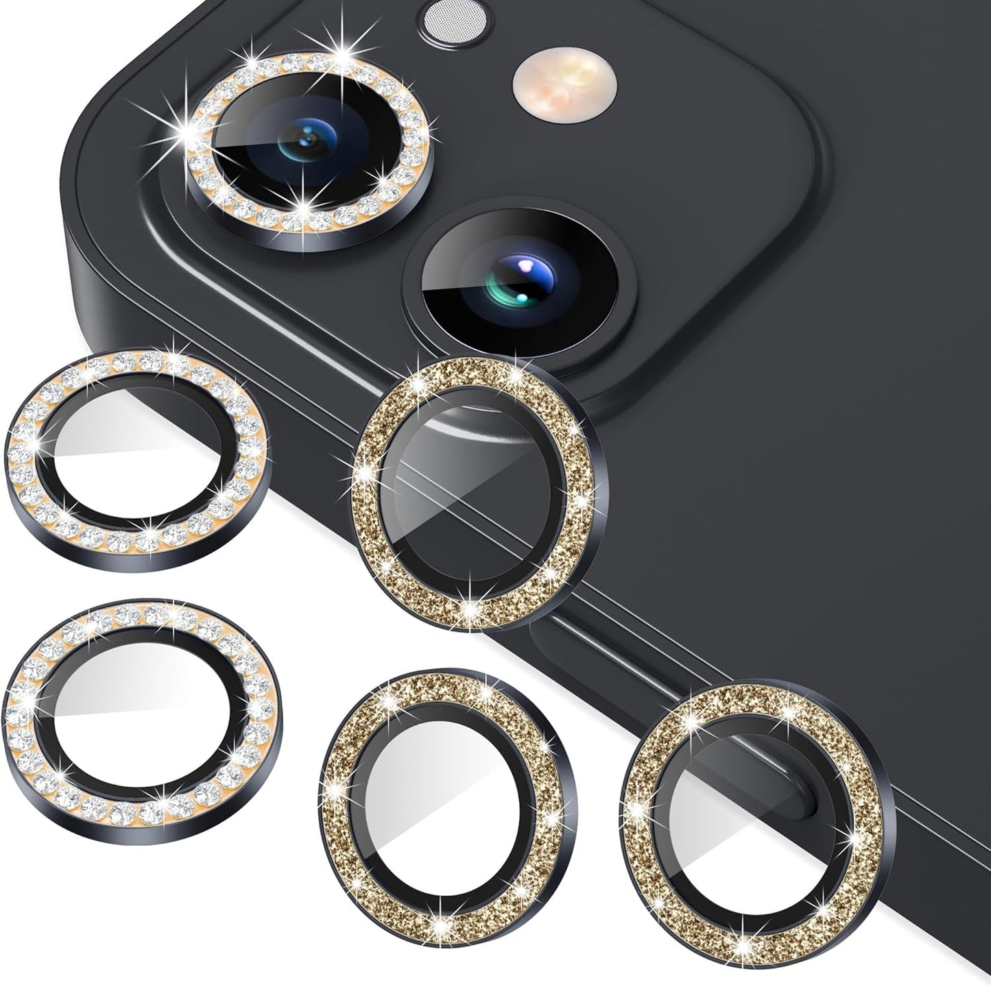 AGVEE 3+3 6 Pack for iphone 12 Pro/12/12 Mini/11 Pro Max/11 Pro/11 Camera Lens Cover Protector, Bling Diamond & Bling Glitter Metal Ring 9H Tempered HD Glass Camera Protector, Bling-Black