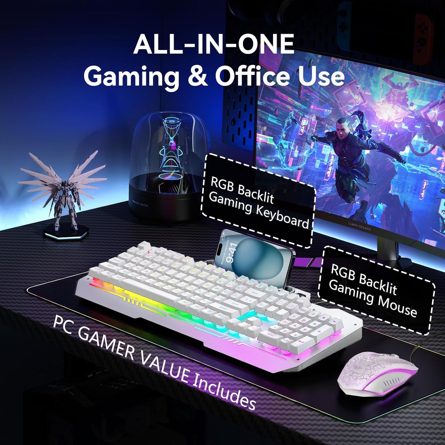 AULA Gaming Keyboard, T102 104 Keys Keyboard and Mouse Combo, USB Wired Computer Keyboards Mechanical Feel Full Size, RGB Backlit for PC/Laptop Gaming or Working/Office (White)