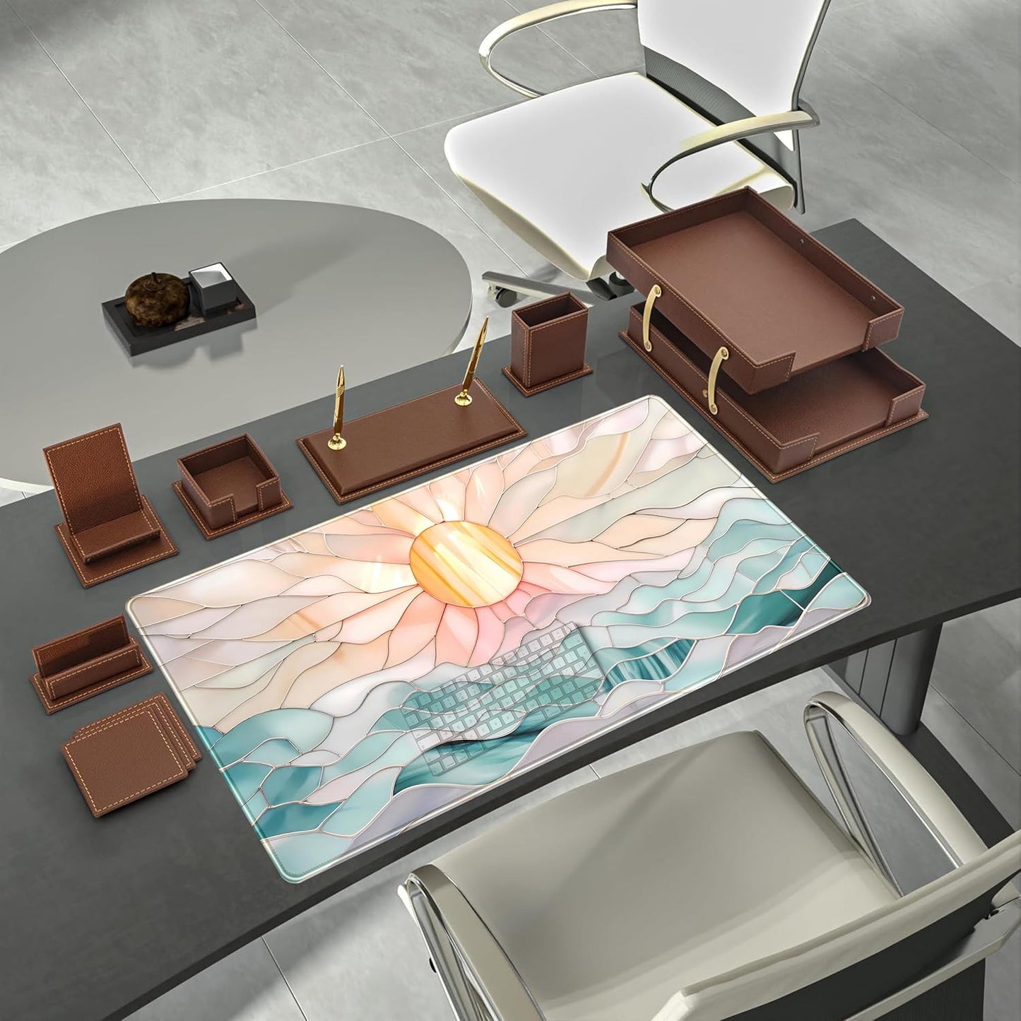 Desk Mat Gaming Desk Pad Large Mouse and Keyboard Pad, Abstract Serene Ocean Sunrise Mouse Mat XXL, Pastel Desk Protector Mat Computer Mats for Desktop Sun & Waves Office Decor 31.5" x 15.7"