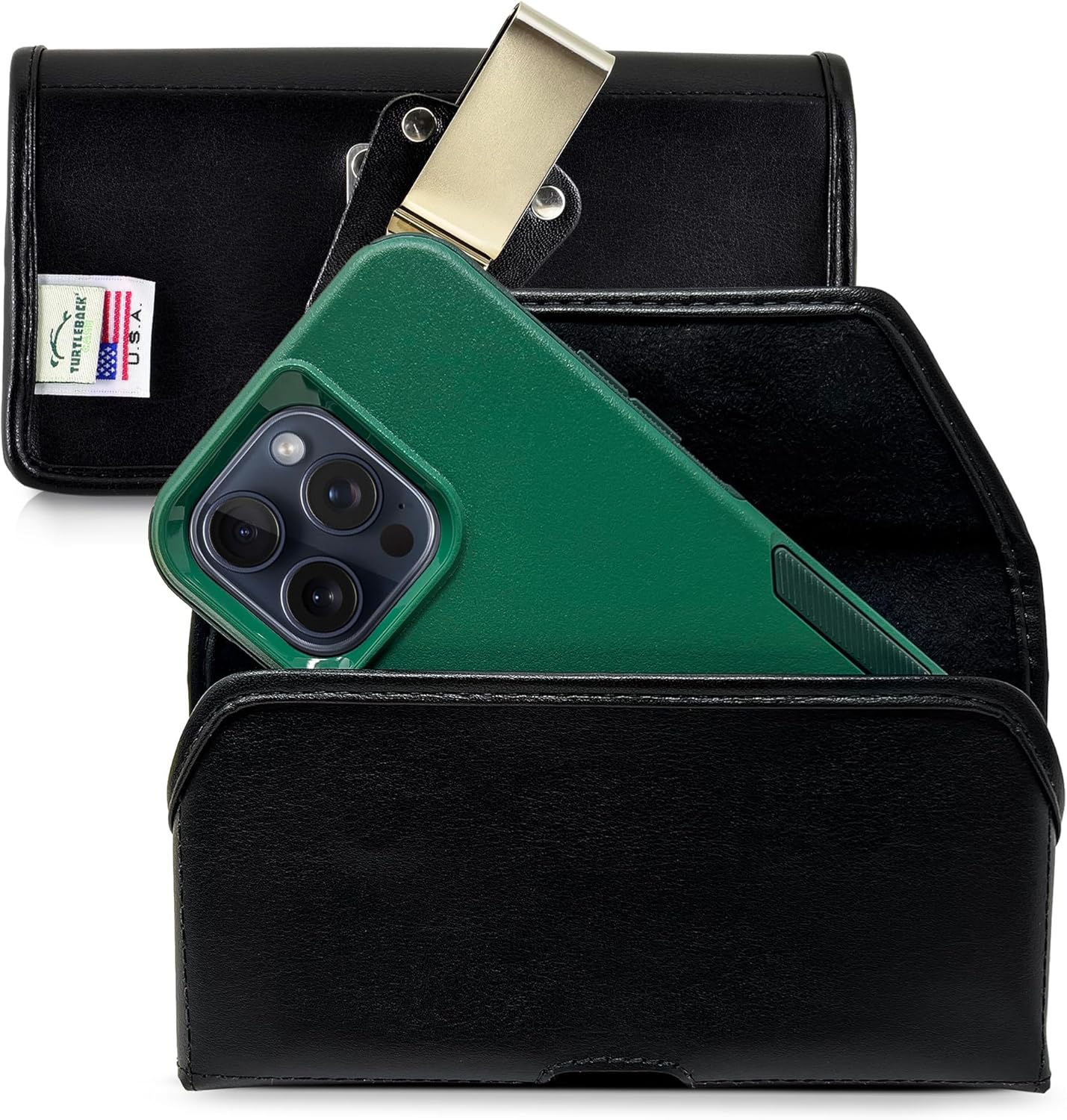 Turtleback Belt Clip for iPhone 16 Pro Max, 15 Pro Max, 14 Pro Max -Medium- Fits w/Shockproof Commuter Style Cases, Premium Black Leather, Horiz. Belt Holder, Magnetic Closure HD Rotating Clip