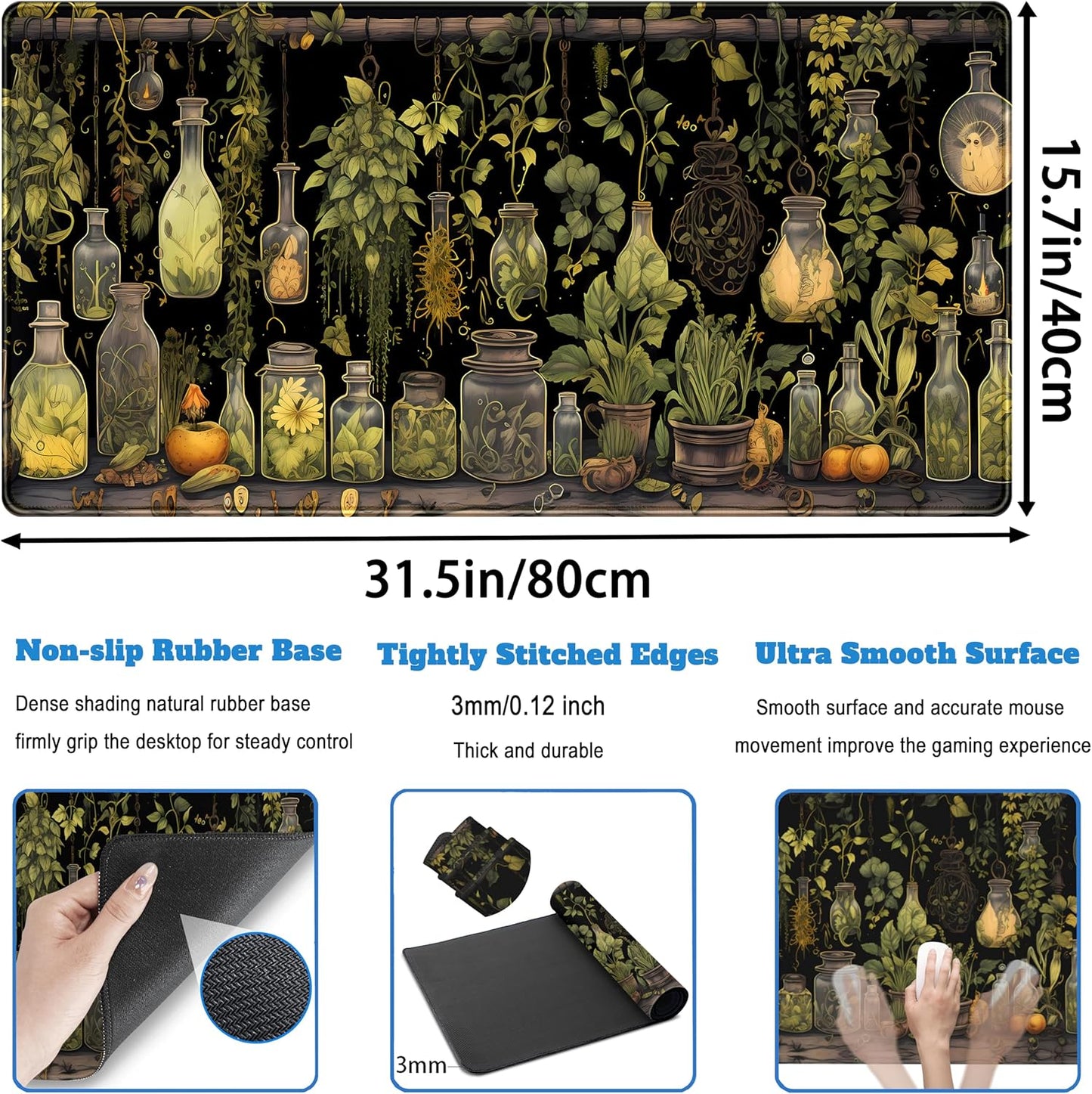 Desk Mat Green Plants Mouse Pad Gaming Mat Dark Keyboard Mat, Long Mouse Mat XXL Extended Desktop Mat Magical Bottles Computer Mats with Stitched Edges, Office Desk Accessory 31.5" x 15.7"