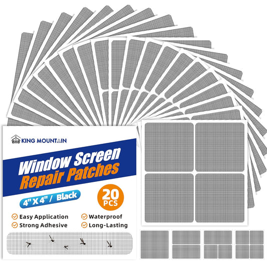 KING MOUNTAIN 20 Sheets Black Window Screen Repair Patches,4×4 in Window Screen Repair Kit for Window Screen and Screen Door Tears Holes, Strong Adhesive Screen Tape Mesh Repair,Quick & Waterproof