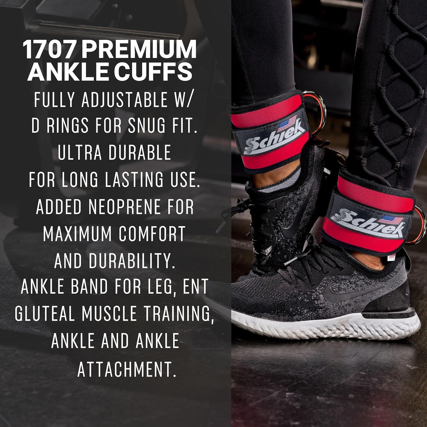 Schiek Sports 1707 Ankle Cuffs - Ideal for Glute Kickbacks and Cable Machine Workouts - Durable and Built To Last