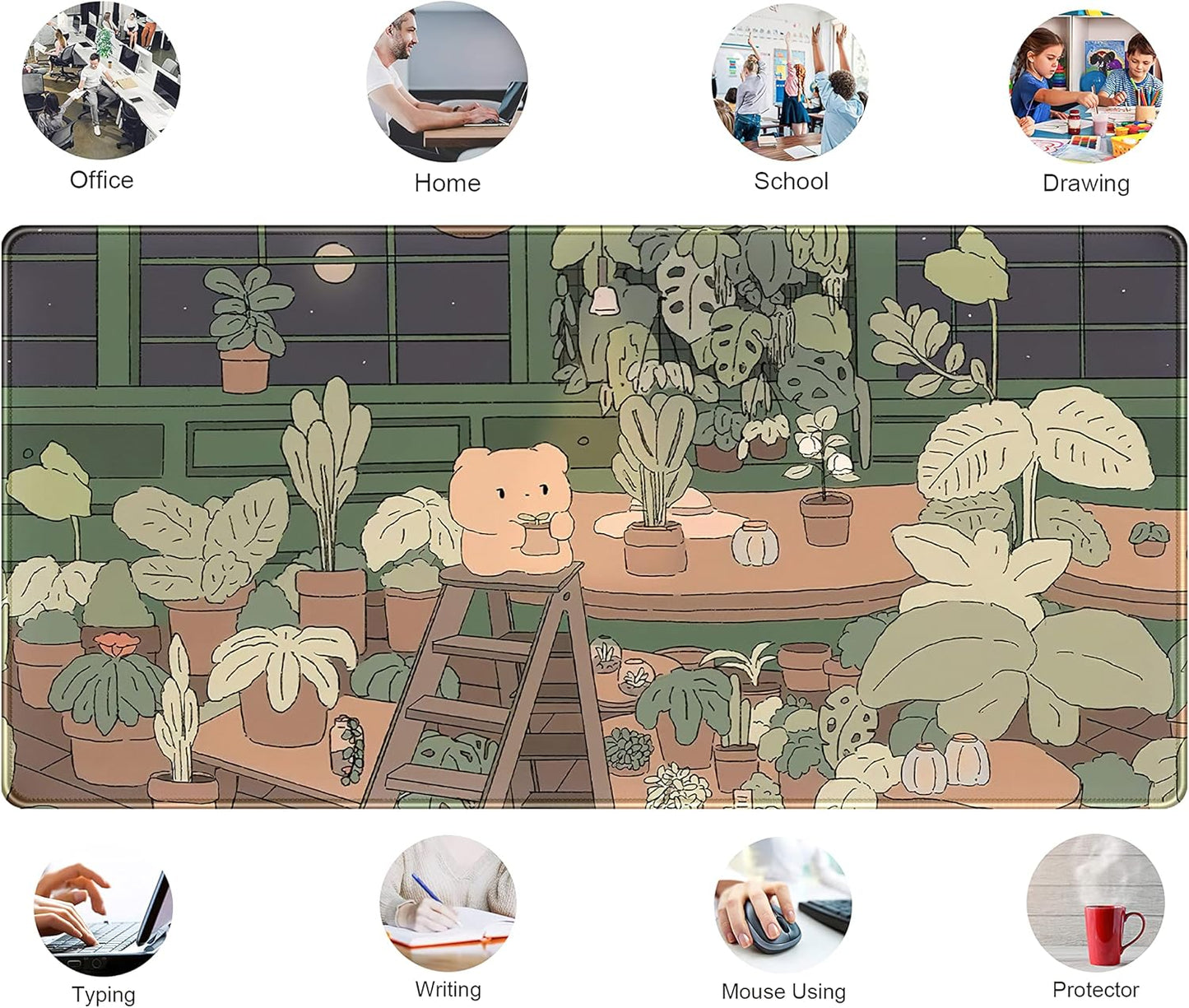 Cute Desk Mat Kawaii Bear Mousepad Cute Anime Plant Desk Protector, Kawai Aesthetic Brown and Green Forest Keyboard Mat, Large Mouse Pad XXL Gaming Desk Pad XL Office Home Decor for Women Girls