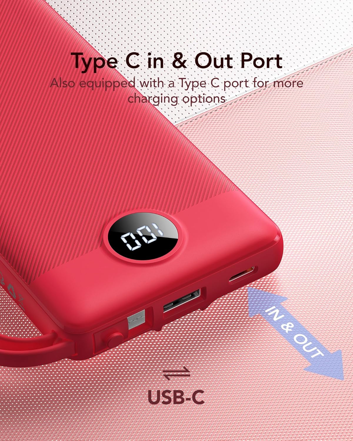 VRURC Portable Charger, 10000mAh Power Bank Built in Cables for iPhone, Slim Compact Travel Essentail, 5 Outputs 2 Inputs USB C Battery Pack for iPhone 16 15 14 13, Samsung, Android etc-Red