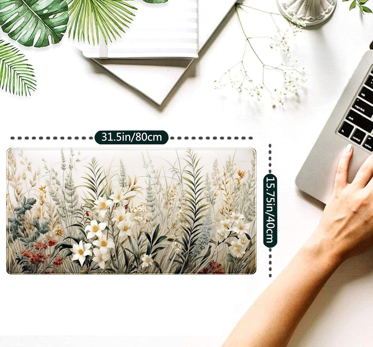 Beige Aesthetic Sage Desk Mat Cute Watercolor Flowers Mouse Pad Desk Pad, XXL Large Extended Gaming Anime Mousepad Big Keyboard Mouse Mat, Home Office Desktop Decor Deskpad for Women 31.5x15.75 in