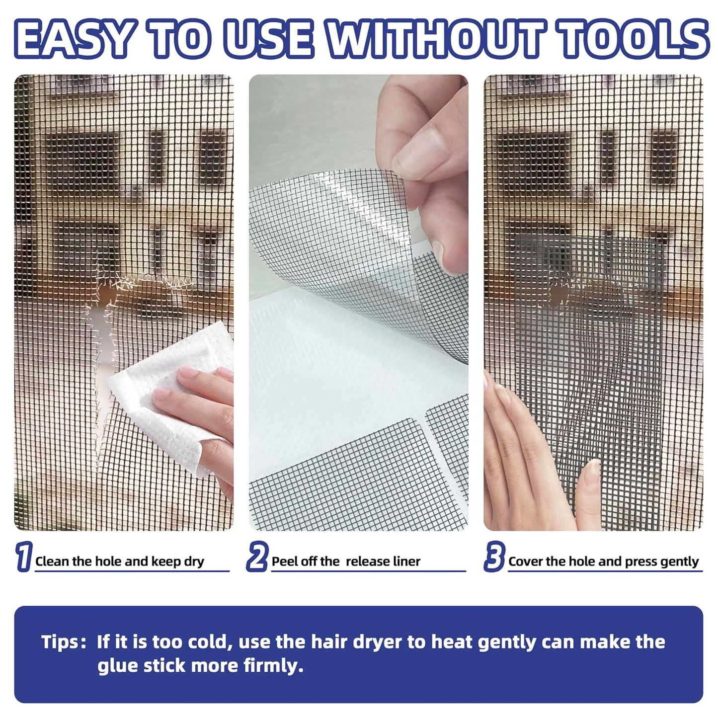 KING MOUNTAIN 20 Sheets Black Window Screen Repair Patches,4×4 in Window Screen Repair Kit for Window Screen and Screen Door Tears Holes, Strong Adhesive Screen Tape Mesh Repair,Quick & Waterproof