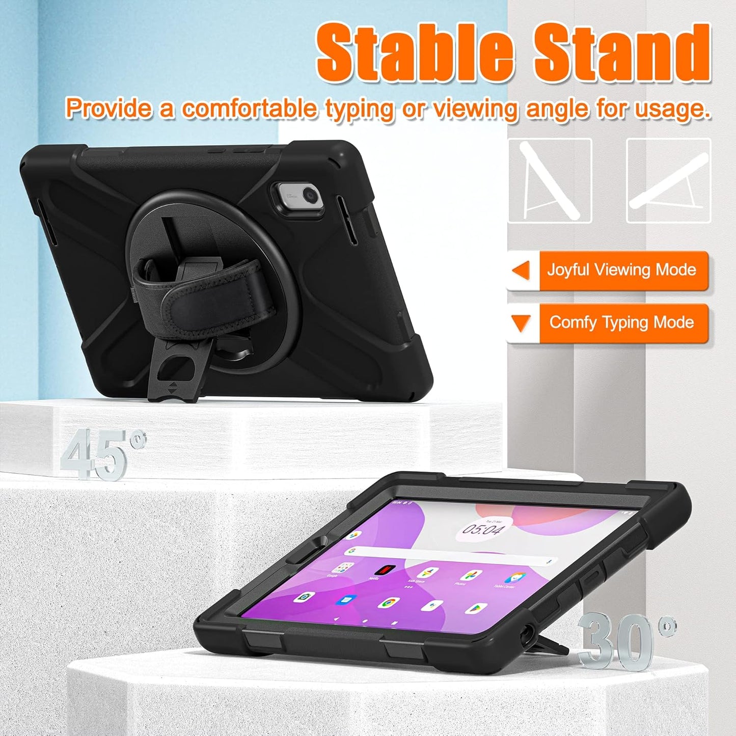 Junfire Shockproof Case for Lenovo Tab M9 2023 with Built-in Screen Protector, Heavy Duty Rugged Case with 360°Rotatable Kickstand/Hand Strap/Stylus Holder for TB-310FU/TB-310FX, Black