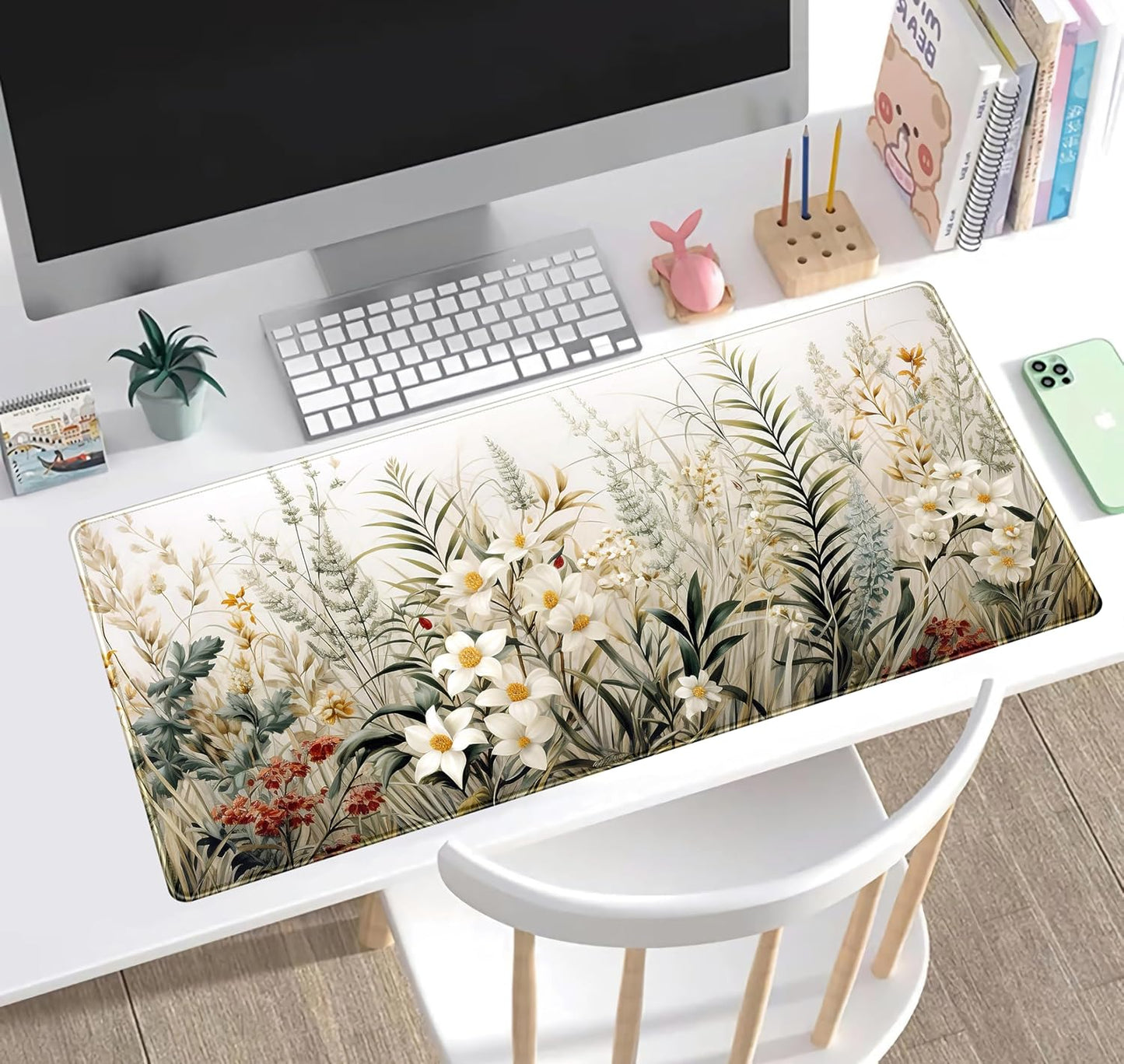 Beige Aesthetic Sage Desk Mat Cute Watercolor Flowers Mouse Pad Desk Pad, XXL Large Extended Gaming Anime Mousepad Big Keyboard Mouse Mat, Home Office Desktop Decor Deskpad for Women 31.5x15.75 in