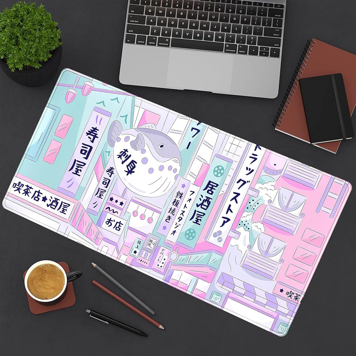 Pastel Tokyo Street Cute Desk Mat - Kawaii Anime Japanese Large Gaming Mousepad - Beige Desktop Laptop Keyboard Mouse Pad - City Aesthetics for Women Girl 31.5x15.75 in