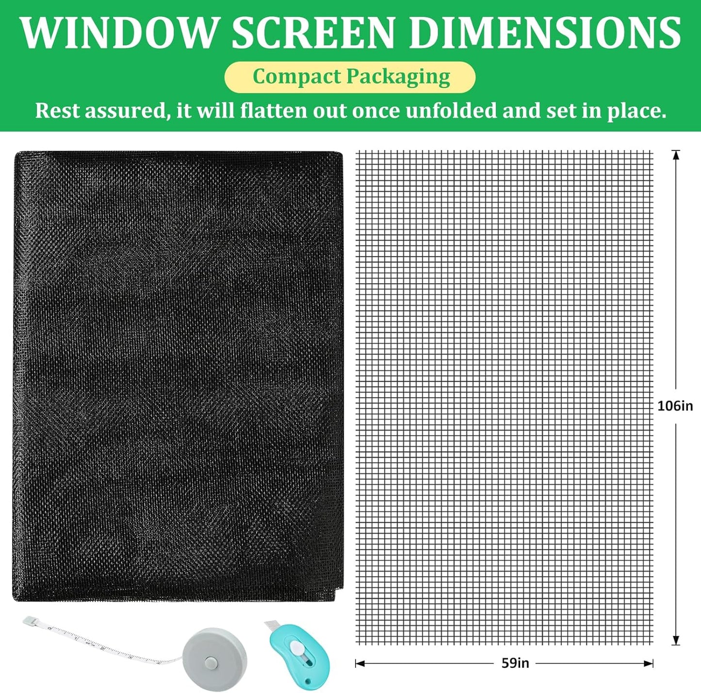 Windows Screen Replacement and Screen Door Repair Kit, 6Pcs Window Screen Fiberglass Mesh Kit - Window Screen & Screen Door Mesh & Screen Porch Repair Kit (Black, 59" x 106")
