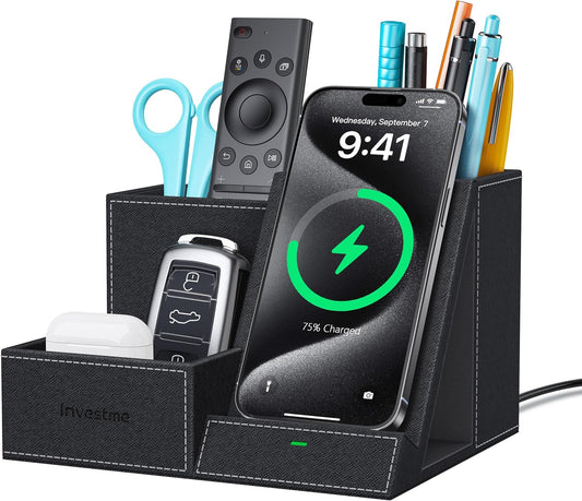 Wireless Charger with Desk Organizer, Pen Pencil Holder, Multifunctional Desktop Organizer, Office Supplies and Desk Accessories Organizer with 3 Compartments and 1 Phone Stand