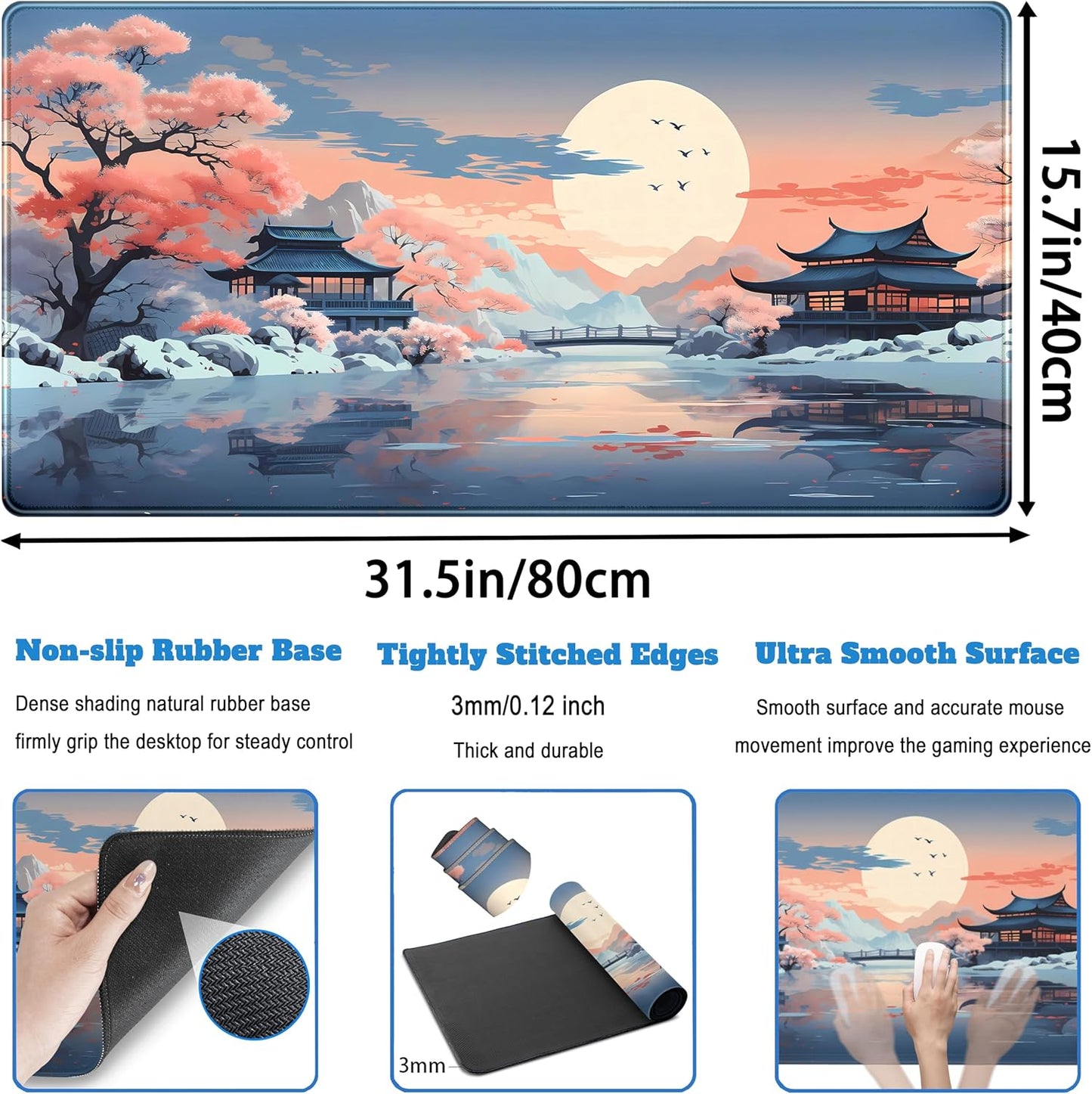 Kawaii Desk Mat Japan Desk Pad Extra Large Gaming Mouse Pad XXL, Computer Laptop Keyboard Pad Gamer Desk Setup, Pink and Blue Mouse Mats with Stitched Edges, Vintage Office Decor 31.5" x 15.7"